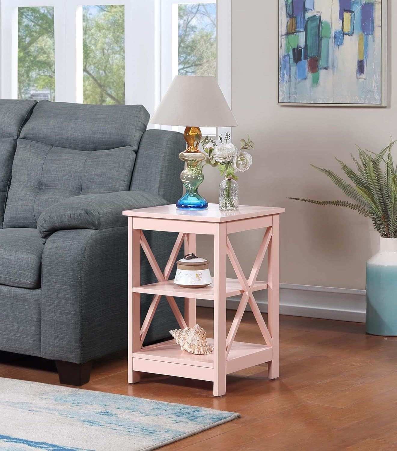 Convenience Concepts Oxford End Table with Shelves, Blush Pink