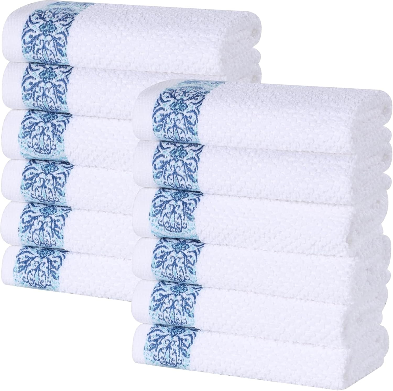 Superior Medallion Cotton Face Towels/ Washcloths, Set of 12, White/ Aqua
