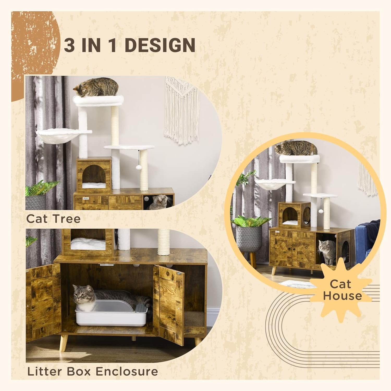 PawHut Cat Tree with Litter Box Enclosure, 2-in-1 Cat Tower Litter Box Furniture Indoor, Cat Condo with Hammock, Scratching Posts Pad, Rustic Brown