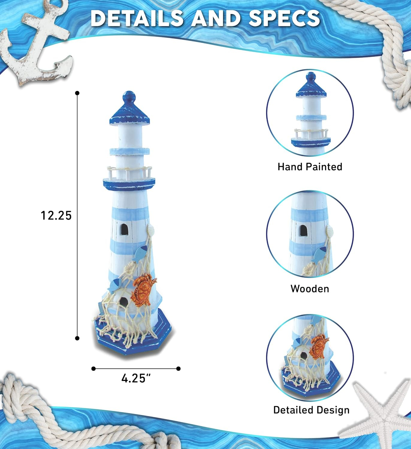 Handcrafted Light Blue and White Wooden Lighthouse Figurine with Crab