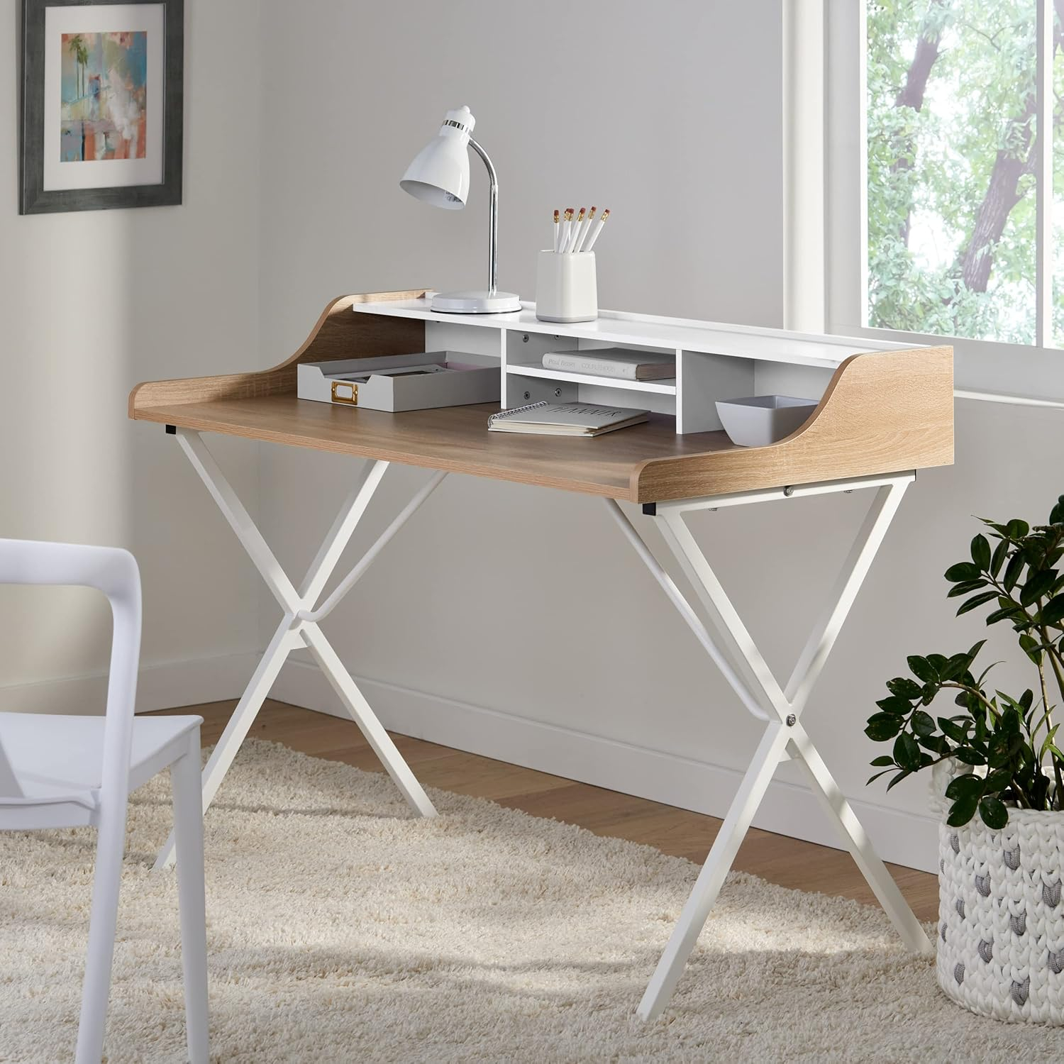 Alexandria Large White Wood Computer Desk with Document Shelf
