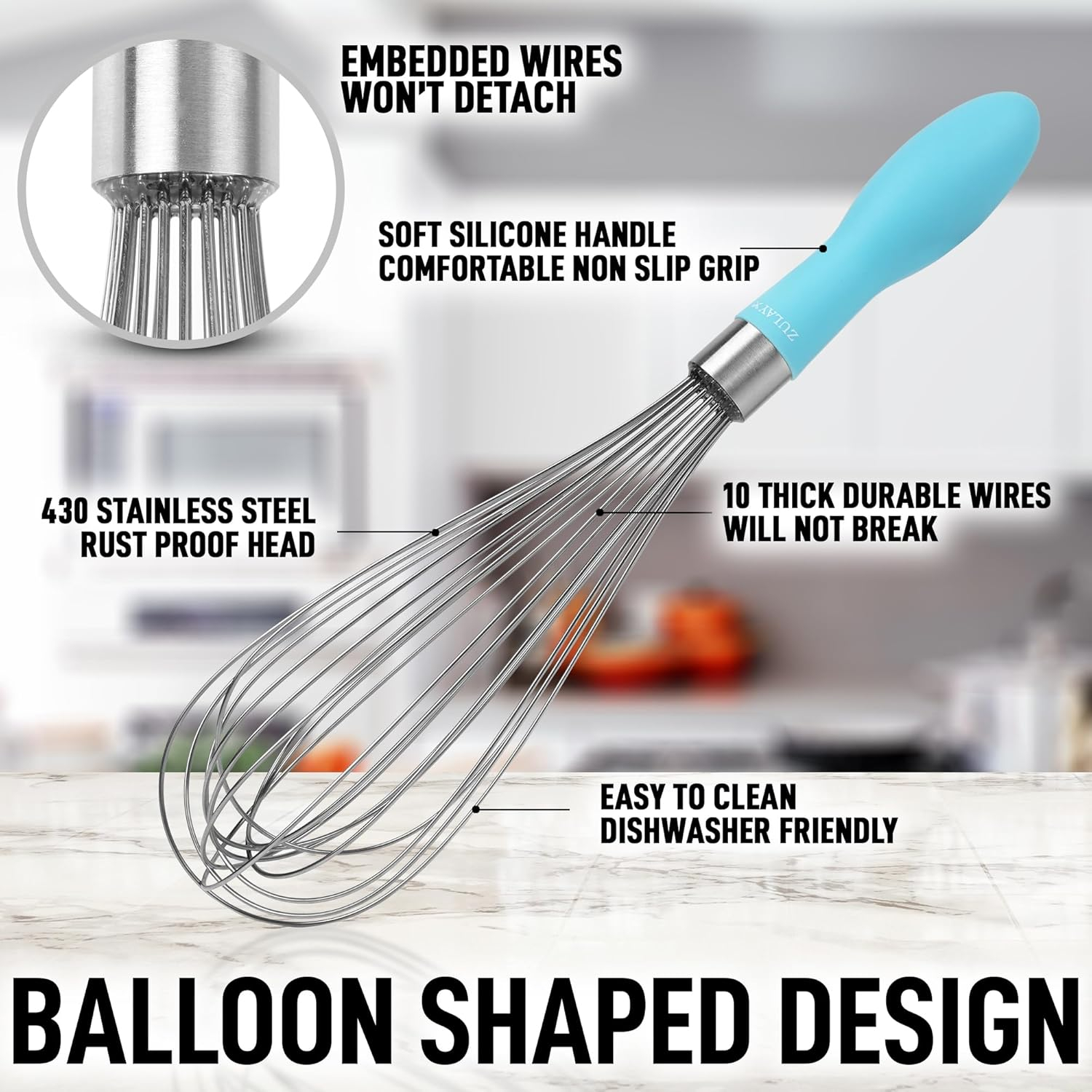 Zulay Kitchen Stainless Steel Balloon Whisk 12 Inch – Heavy Duty and Durable Wire Whisk with Non-Slip Silicone Handle for Blending, Whipping & Beating - Light Blue