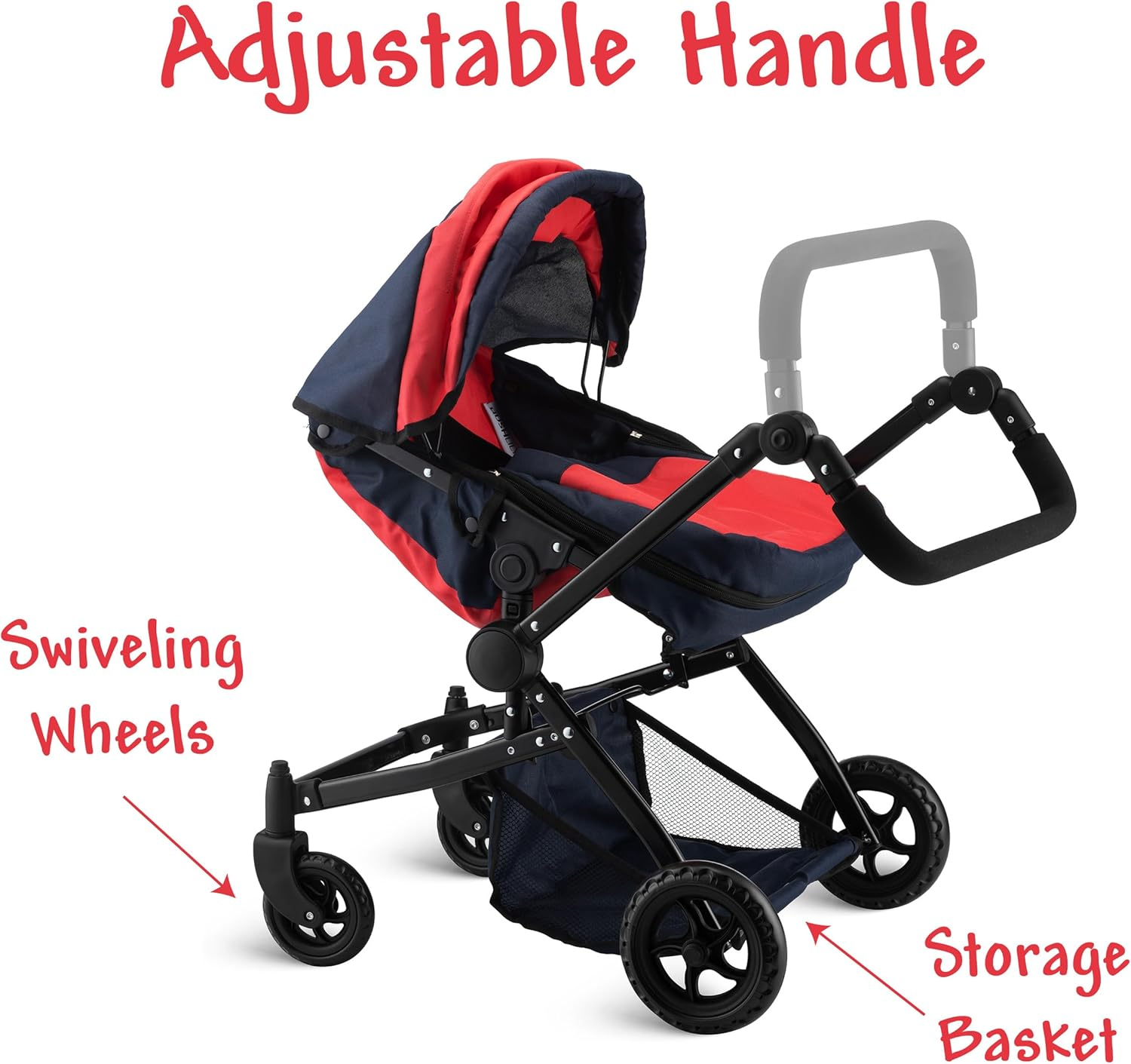 Double Doll Stroller for Twin Baby Dolls - Convertible Seat Toy Stroller for Toddlers 3 Years and up, Adjustable Handle with Storage Basket, Red Design for Kids