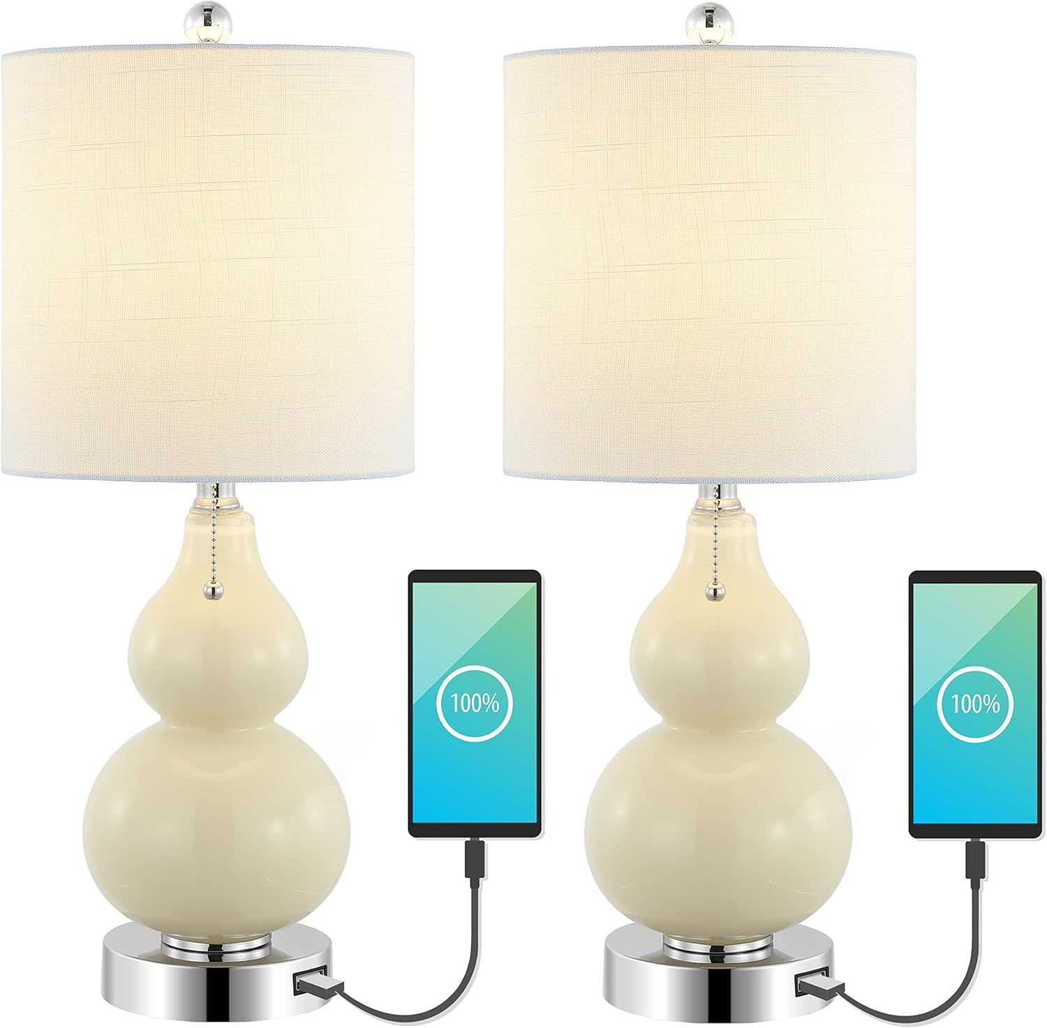 JONATHAN Y JYL1125A-SET2 Cora 22" Classic Vintage Glass LED Table Lamp with USB Charging Port, Coastal, Contemporary, Traditional for living room, bedroom Bulb Included, Cream (Set of 2)