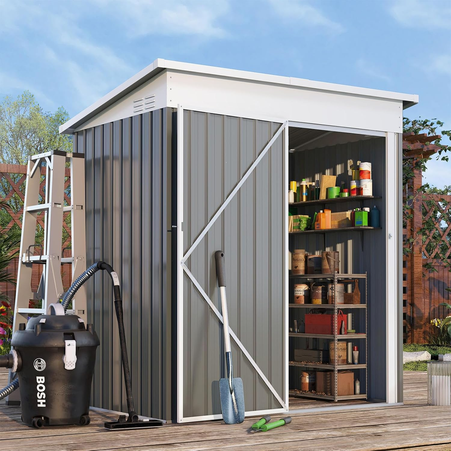 AECOJOY 12' x 10' Outdoor Storage Shed with Lockable Door Patio Metal Garden Storage Building in Dark Gray for Outside