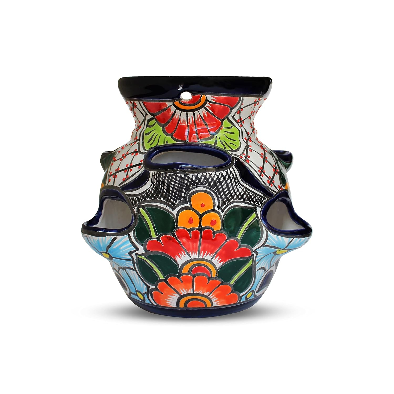 Talavera Sky Blue Ceramic Round Flower Planter with Drainage Holes