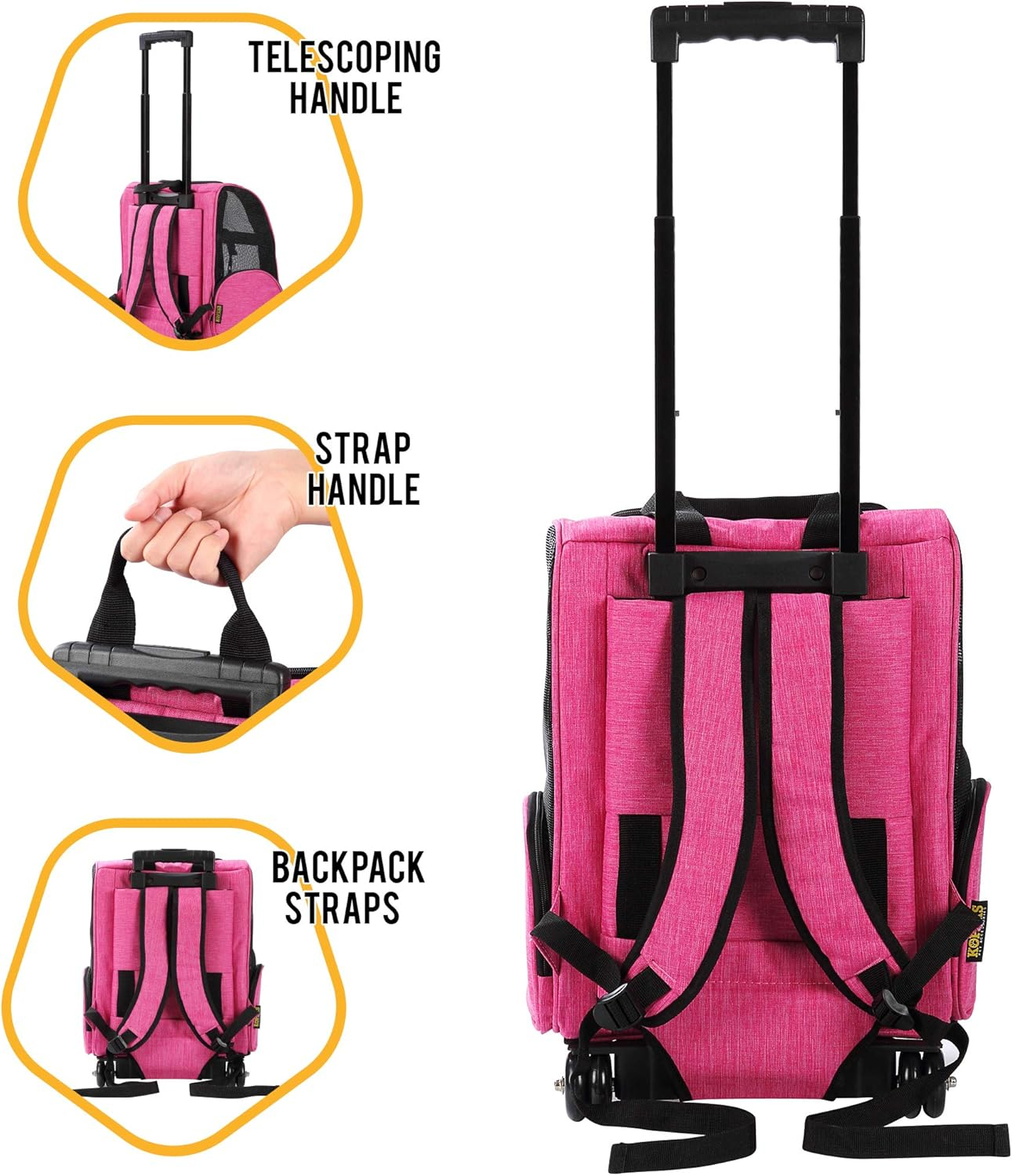 Pink Rolling Backpack Pet Carrier with Mesh Panels