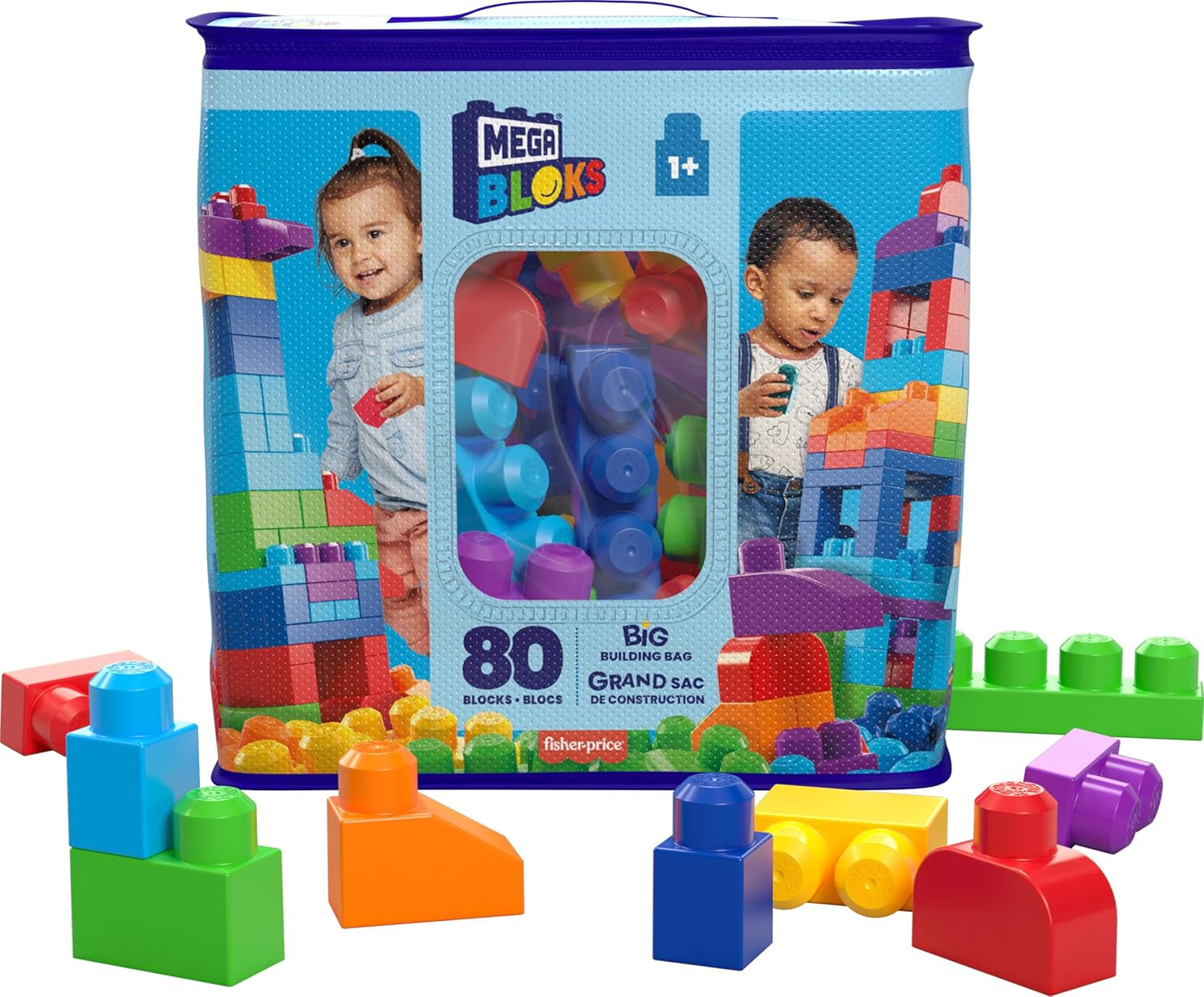 MEGA BLOKS Fisher-Price Toy Blocks Blue Big Building Bag with Storage (80 Pieces) for Toddler