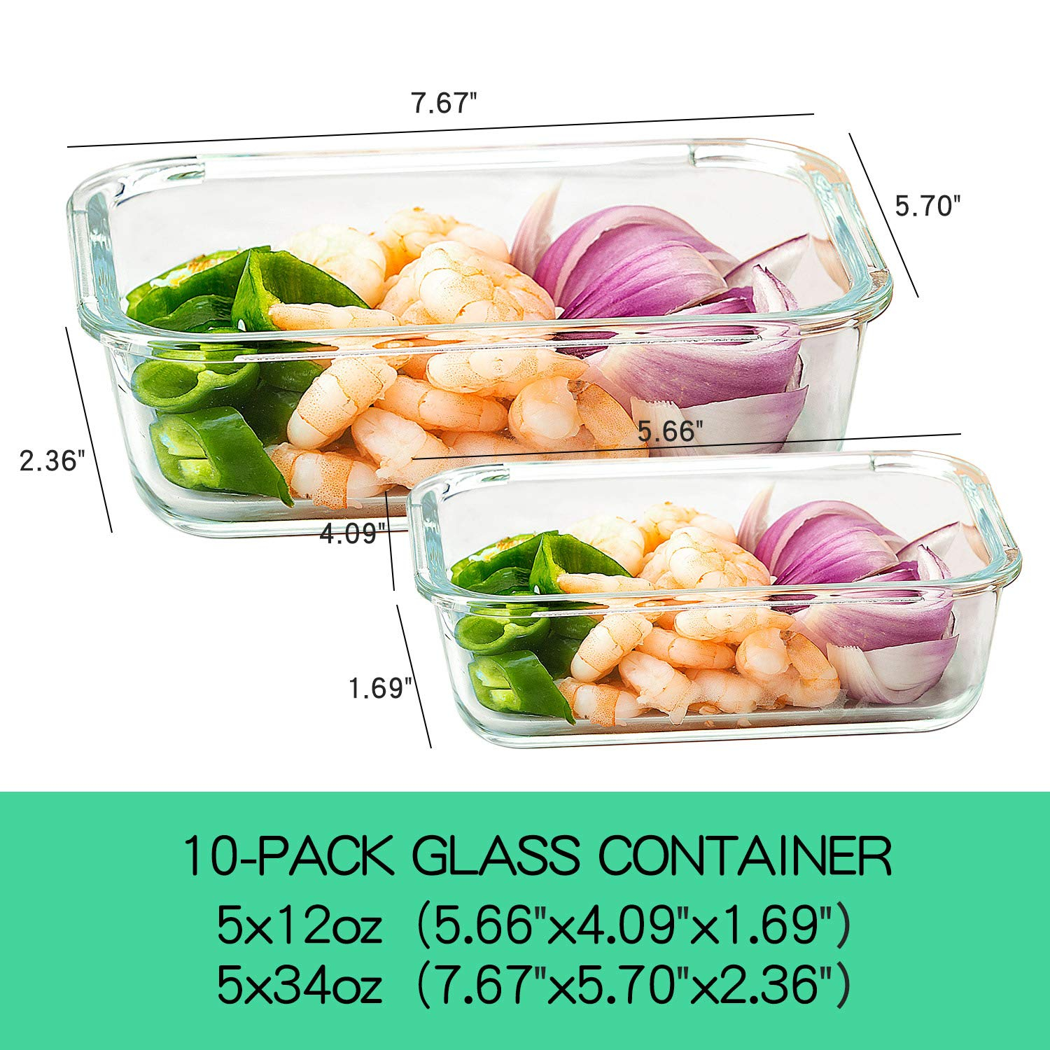 C CREST [10-Pack Glass Food Storage Containers (A Set of Five Colors), Meal Prep Containers with Lids for Kitchen, Home Use - Airtight Glass Lunch Boxes