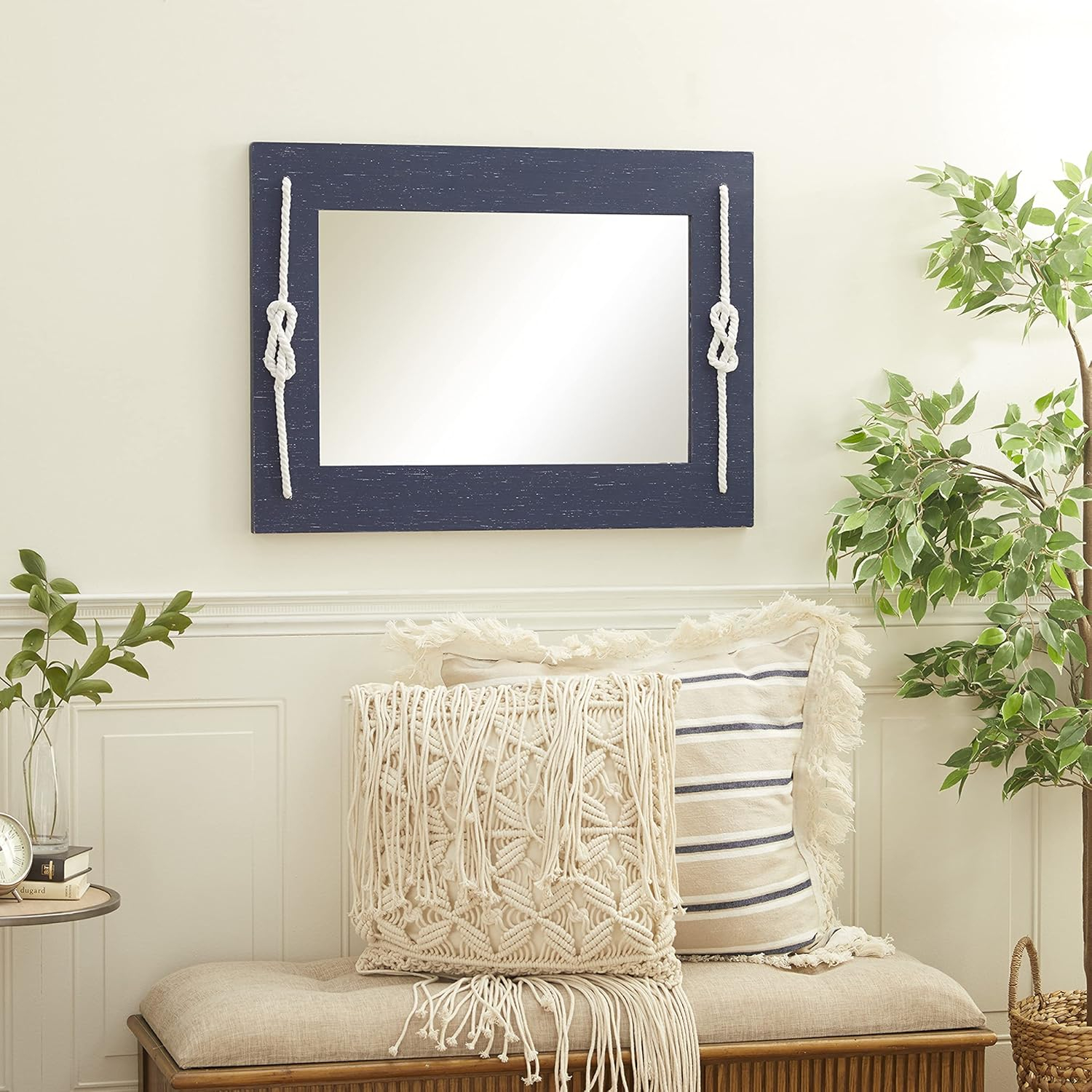 DecMode 23" x 31" Blue Wall Mirror with Knotted Rope