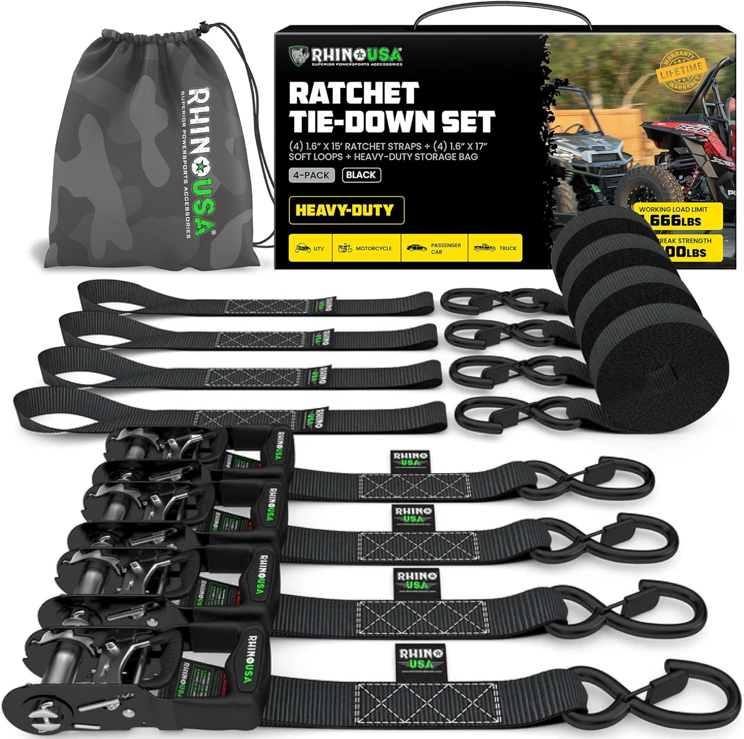 Rhino USA 1.6" x 15' Ratchet Strap Heavy Duty Kit w/ Safety S Hooks - 5,208lb Break Strength (Black 4pc)