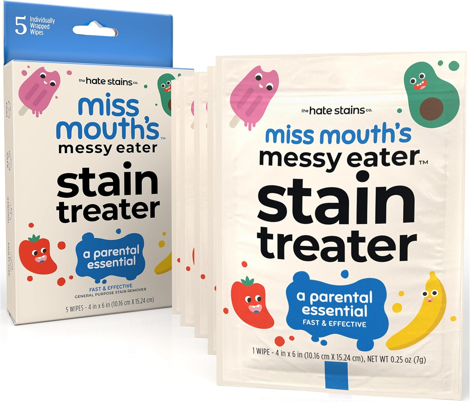 Miss Mouth's Messy Eater Stain Treater Wipes - 5 Pack Stain Remover - Newborn & Baby Essentials - No Dry Cleaning Food, Grease, Coffee Off Laundry, Underwear, Fabric
