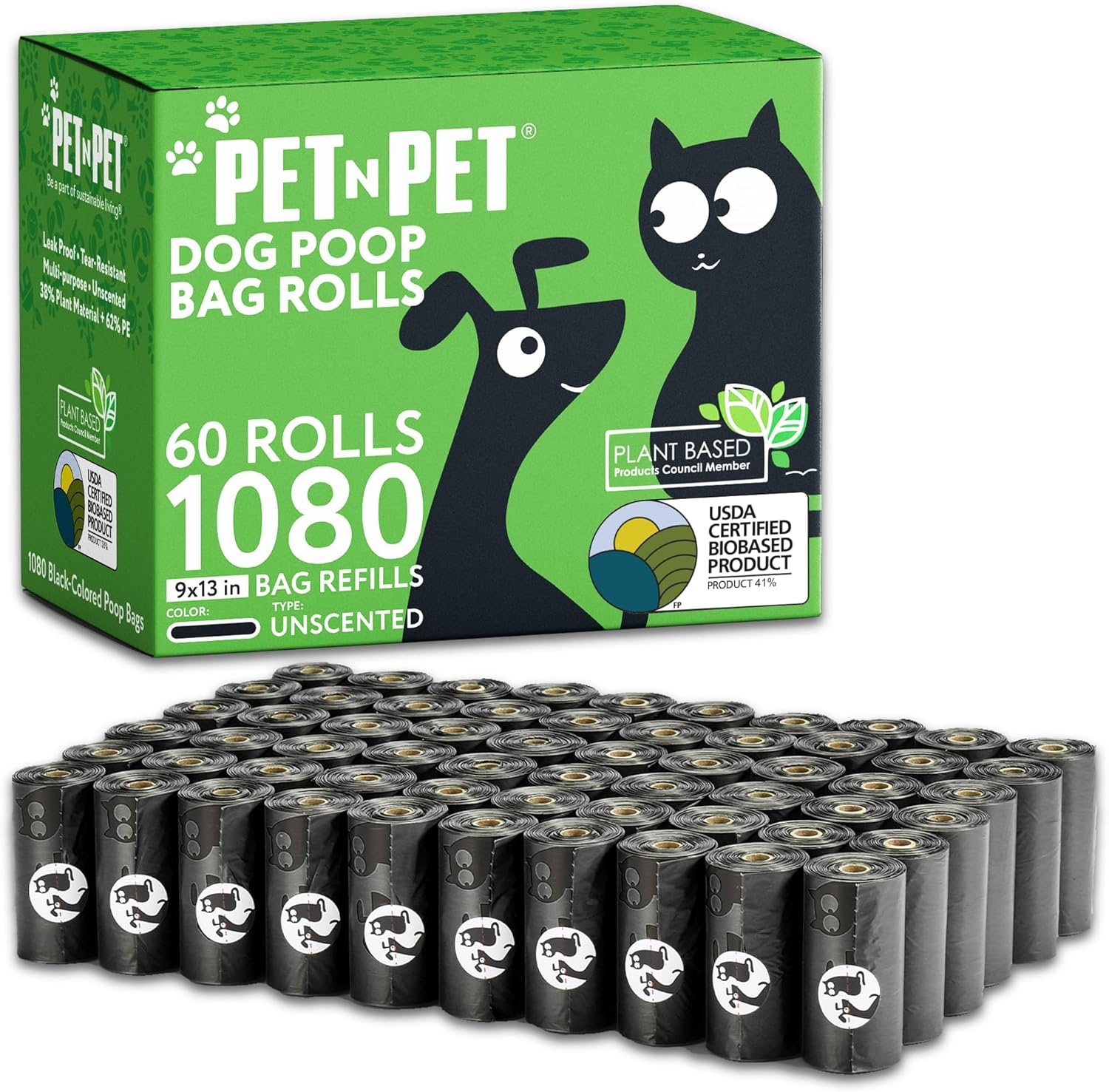 Pet N Pet 1080 Counts Black Poop Bags for Dogs, 38% Plant Based & 62% PE Extra Thick Dog Poop Bags Rolls, 9" x 13", Unscented Pet Waste Bag