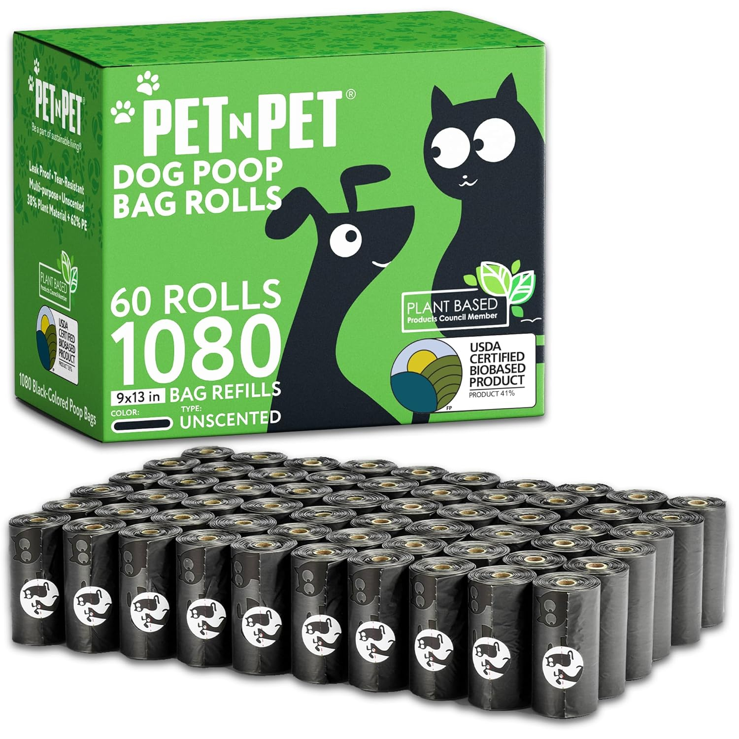Pet N Pet 1080 Counts Black Poop Bags for Dogs, 38% Plant Based & 62% PE Extra Thick Dog Poop Bags Rolls, 9" x 13", Unscented Pet Waste Bag