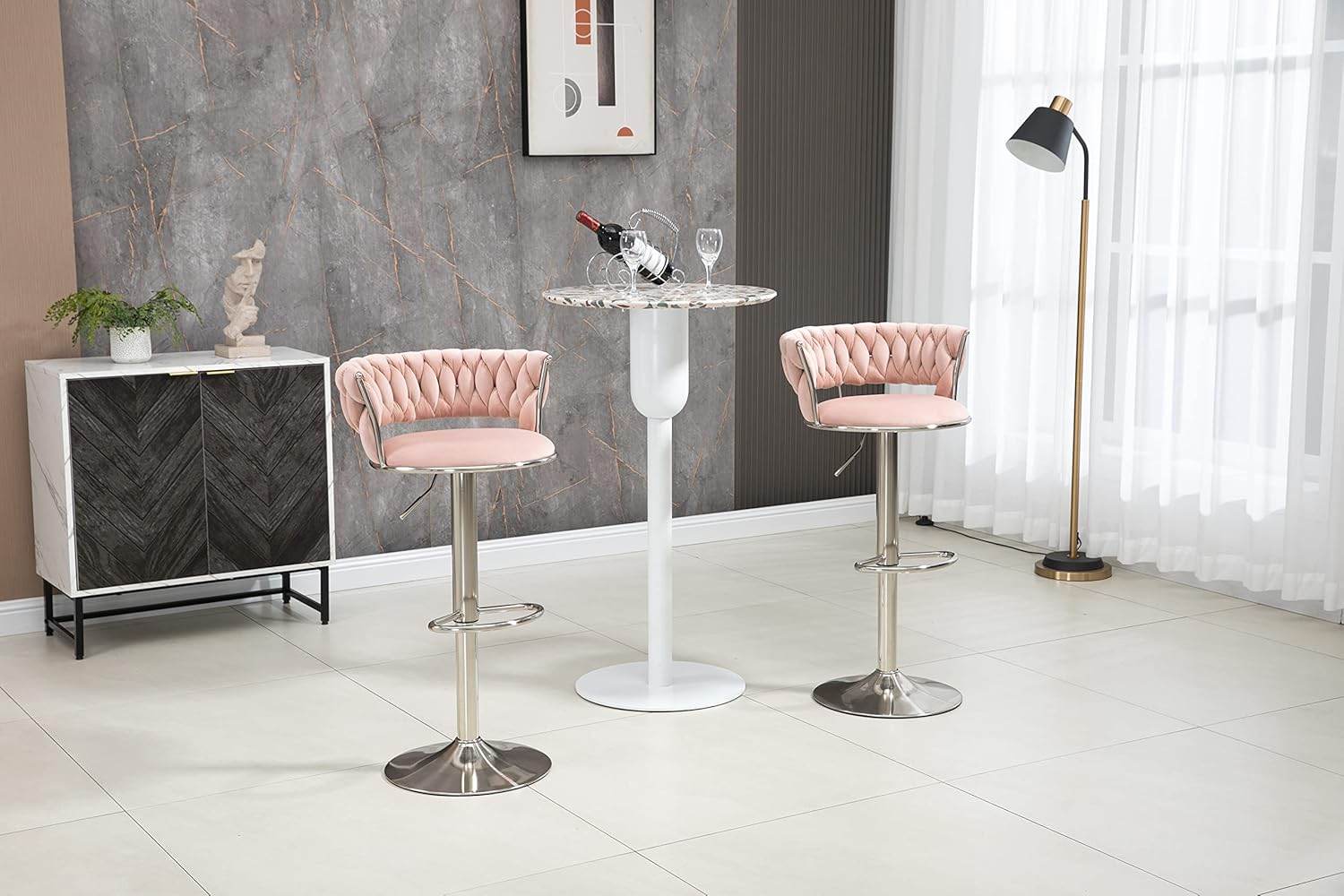 Kakotito 360° Velvet Swivel Bar Stools with Low Back & Footrest, Adjustable Counter Barstools, Silver Bar Stool (Set of 2 - Silver Version, Pink)