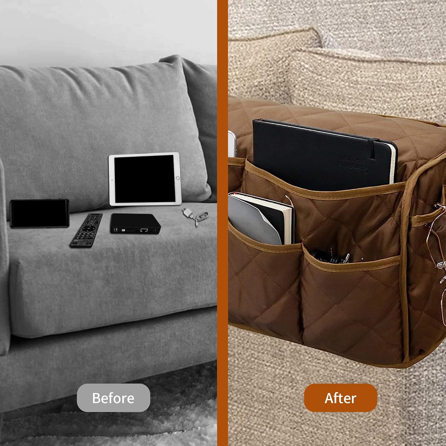 MEHIDFY Armchair Caddy, Waterproof Sofa Armrest Organizer, Non Slip Recliner Organizer, Remote Holder for Recline, Recliner Caddy with 14 Pockets Storage for TV Remote, Phone, Magazine (Brown)