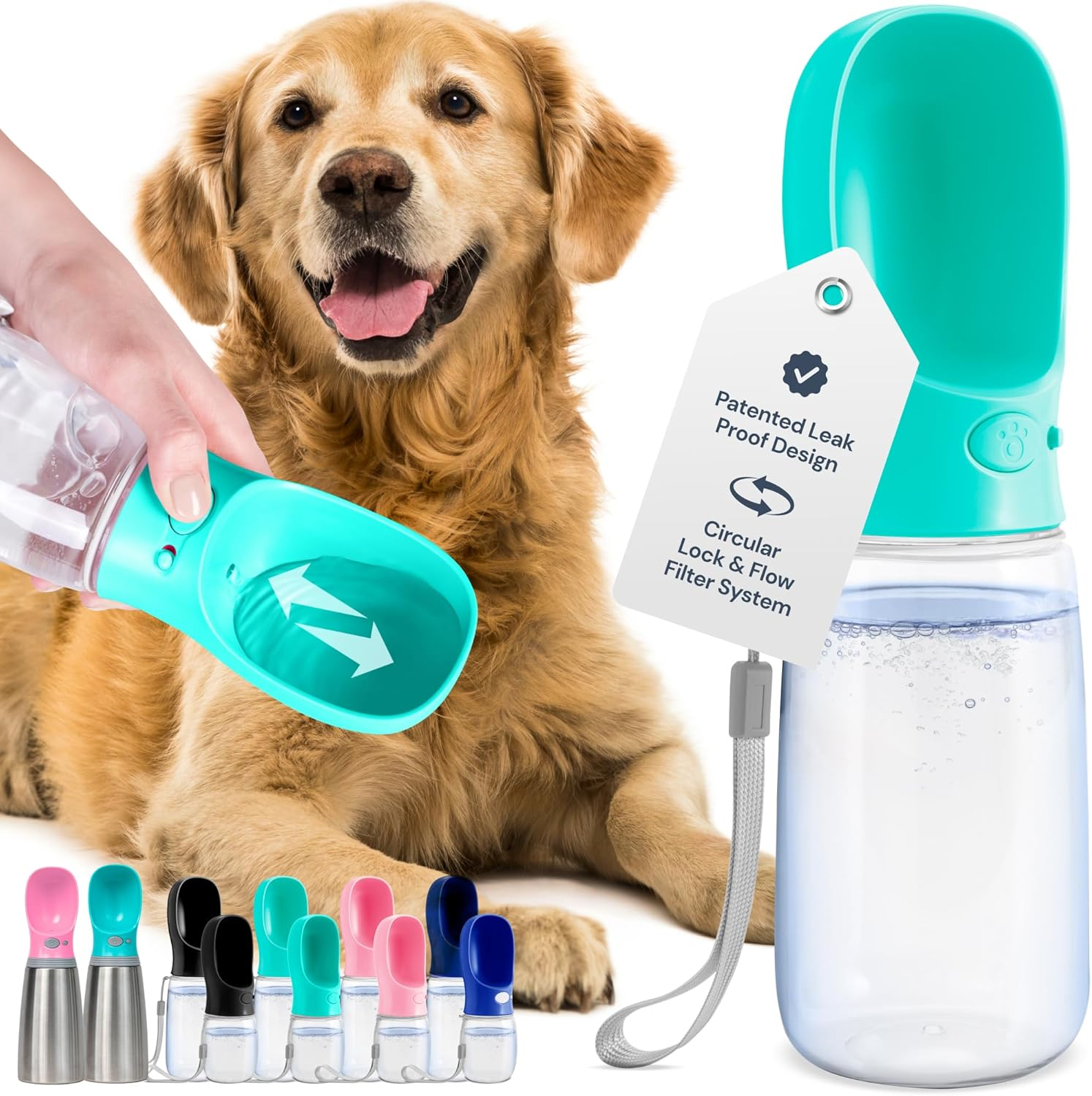 MalsiPree Leak Proof Portable Dog Travel Bottle with Bowl - 19 oz, Blue - Portable Dog Water Bowl Dispenser - Food Grade Plastic - Pet Water Bottle