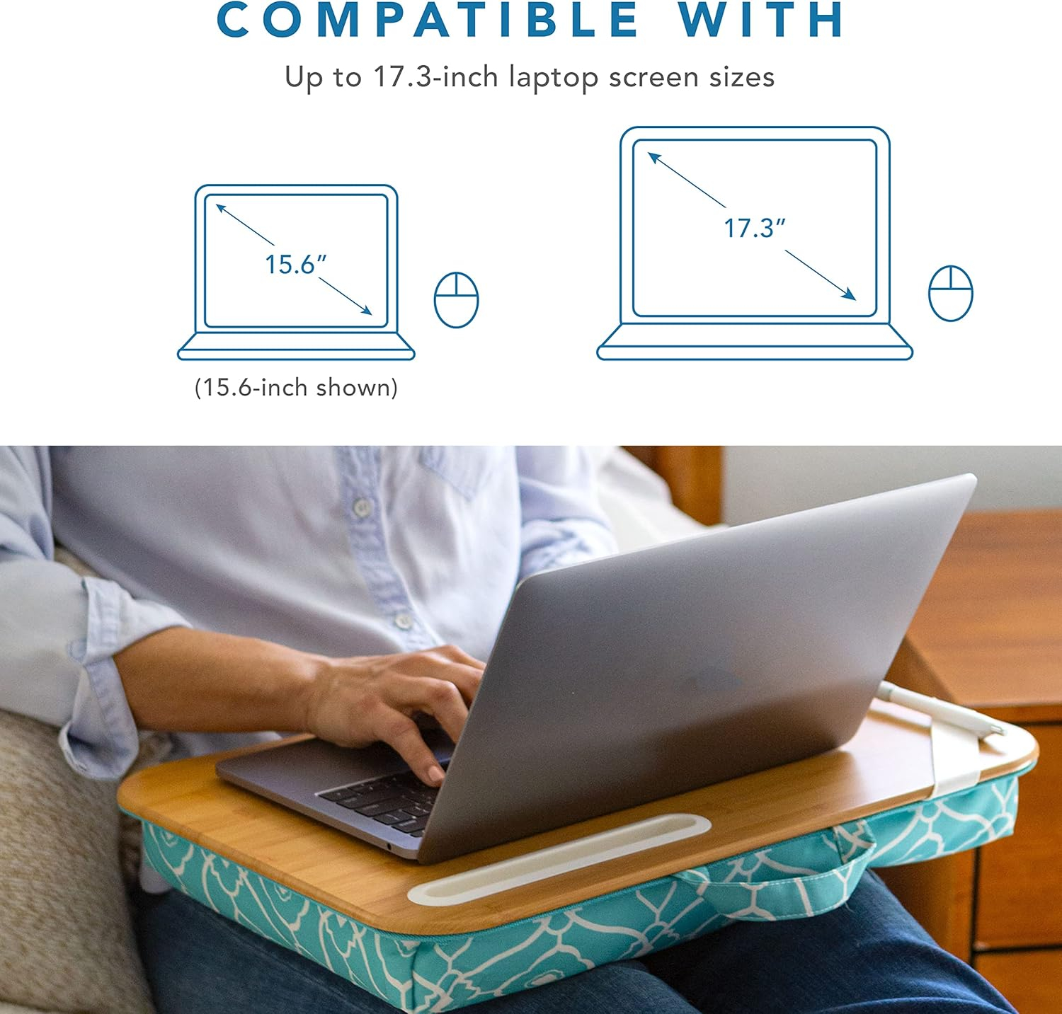 LAPGEAR XL Designer Lap Desk with Phone Holder and Device Ledge - Aqua Trellis - Fits up to 17.3 Inch Laptops - Style No. 45512