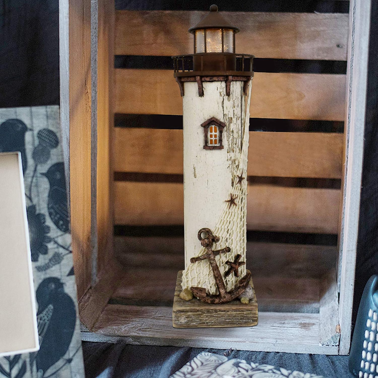 Rustic White and Brown Wooden Lighthouse Decor with LED Light