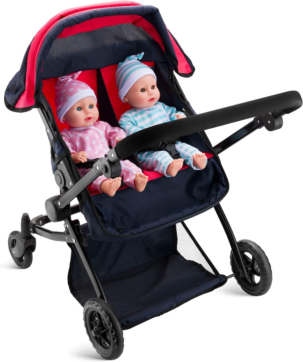 Double Doll Stroller for Twin Baby Dolls - Convertible Seat Toy Stroller for Toddlers 3 Years and up, Adjustable Handle with Storage Basket, Red Design for Kids