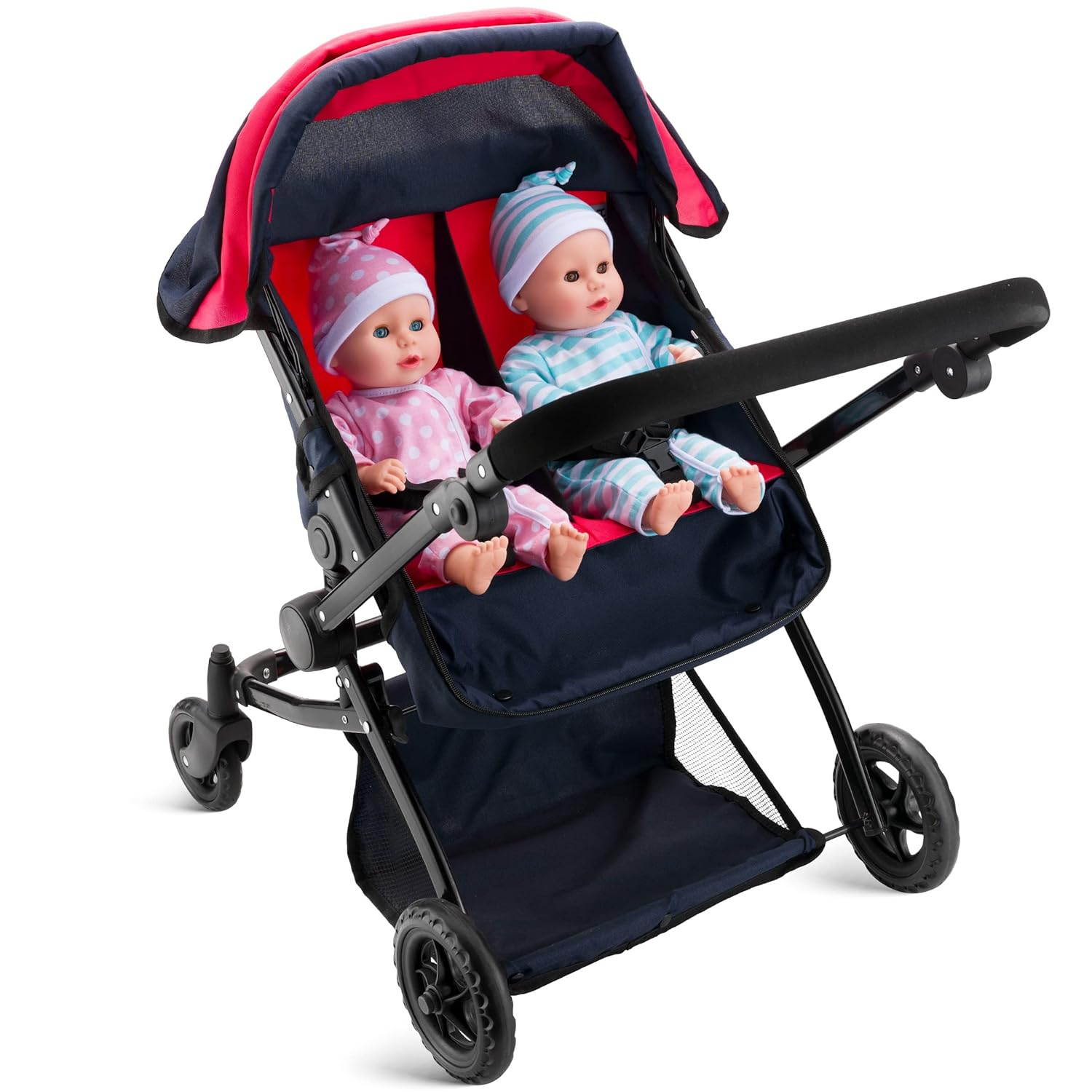 Double Doll Stroller for Twin Baby Dolls - Convertible Seat Toy Stroller for Toddlers 3 Years and up, Adjustable Handle with Storage Basket, Red Design for Kids