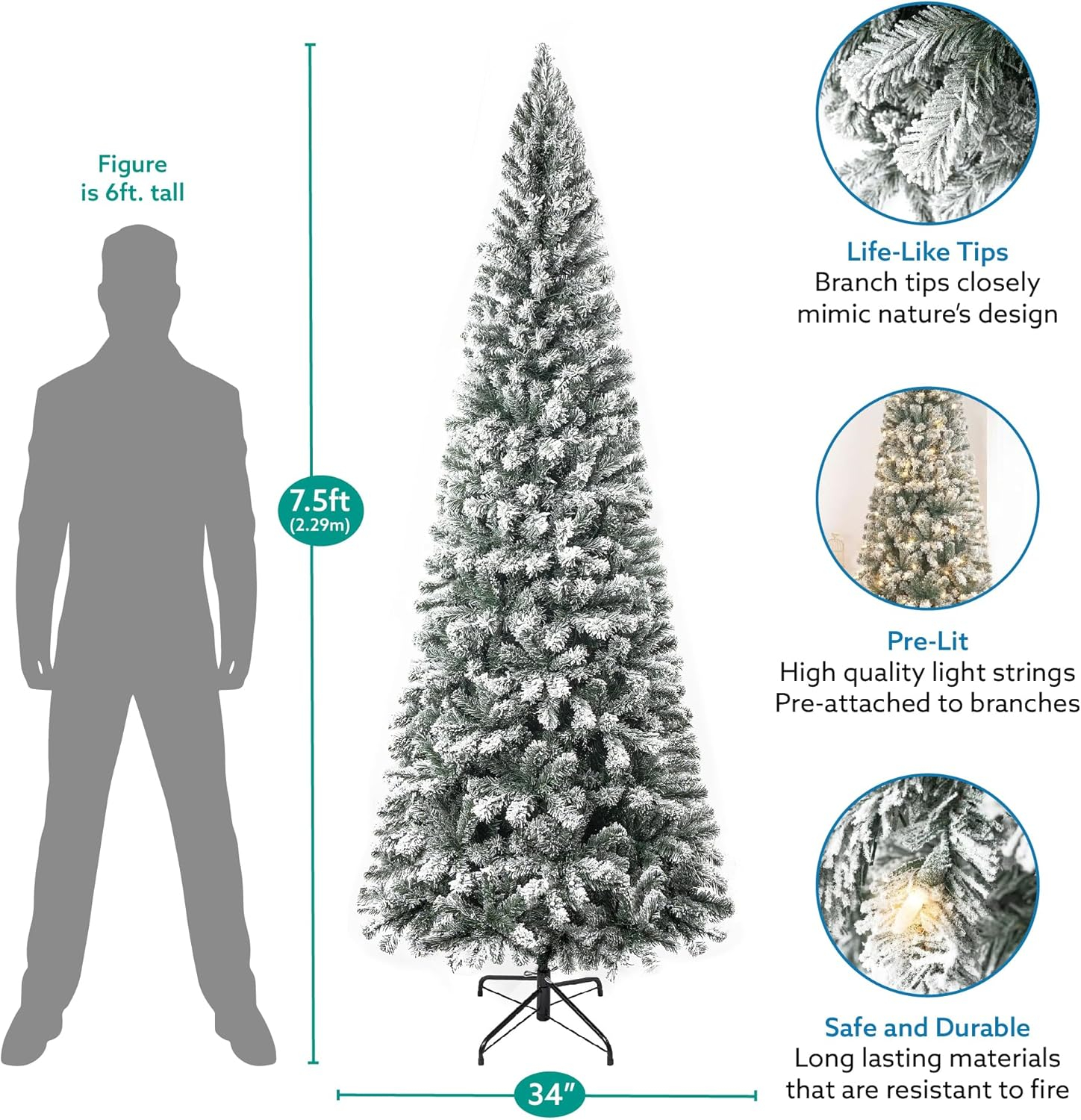 Salzburg 7.5ft Frosted Prelit Slim Artificial Christmas Tree with 1102 Branch Tips, 350 Warm Lights and Metal Stand, 34" wide Realistic Snow Flocked Skinny Pencil Christmas Tree by Naomi Home