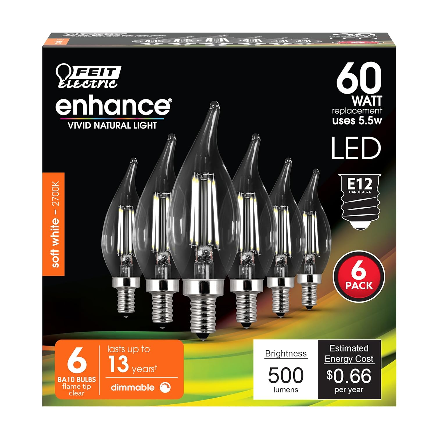 60 W Equivalent Soft White CA10 Dimmable Enhance Decorative Candelabra LED Light Bulb (6-Pack)