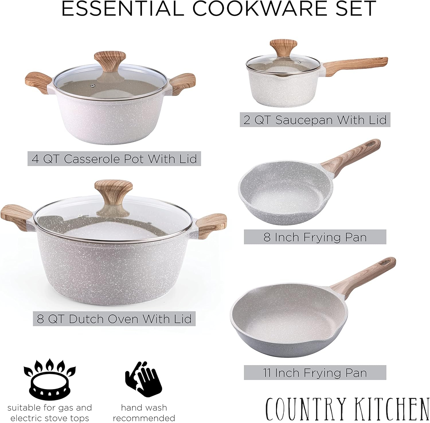 Country Kitchen 8-Piece Pots and Pans Set, Durable Kitchen Cookware Set, Cream