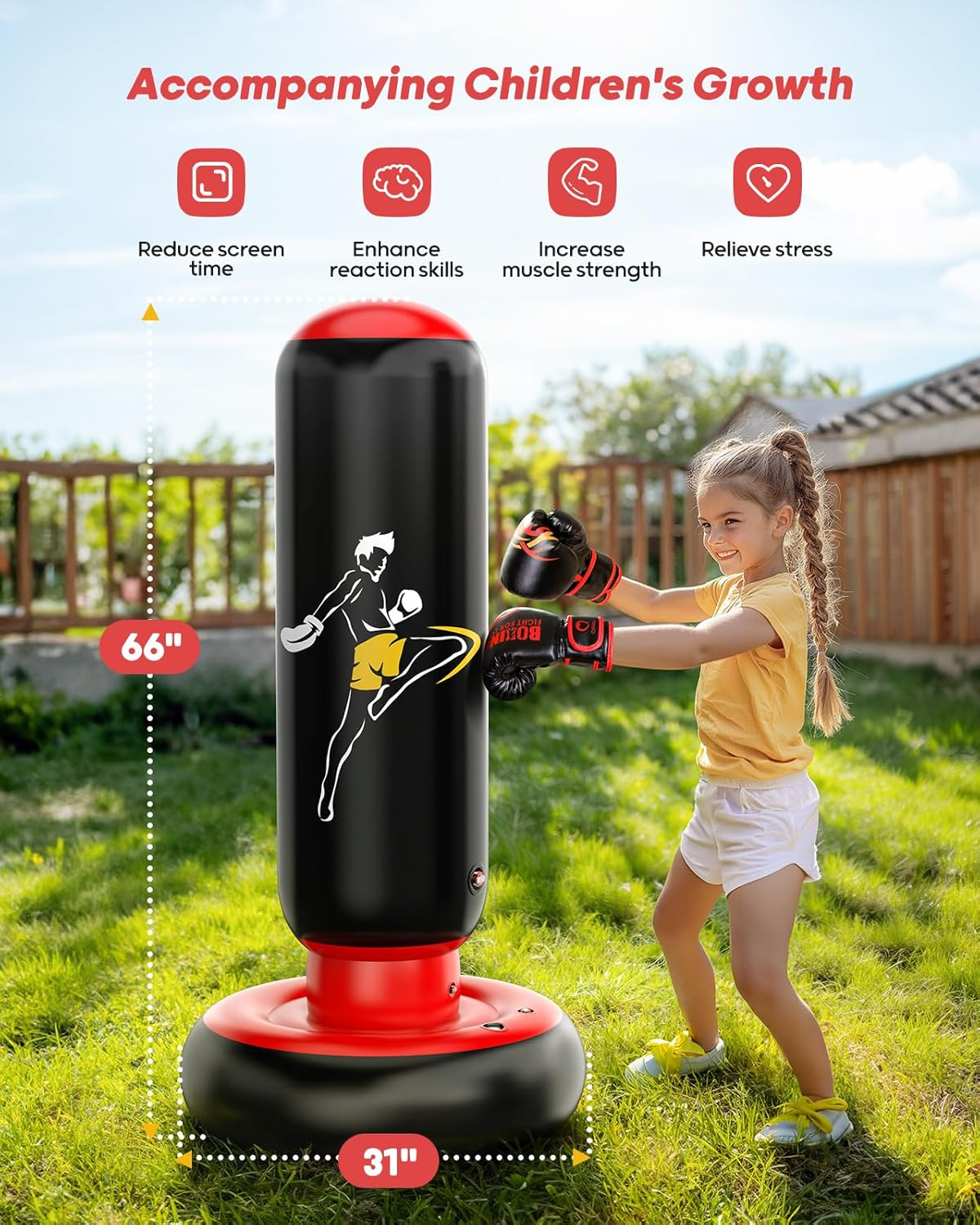 QPAU Larger Punching Bag for Kids, 66" Inflatable Boxing Bag, Gifts for Boys & Girls Age 6-12 for Practicing Karate, Taekwondo, MMA and to Relieve Pent Up Energy in Kids and Adults (Blue)