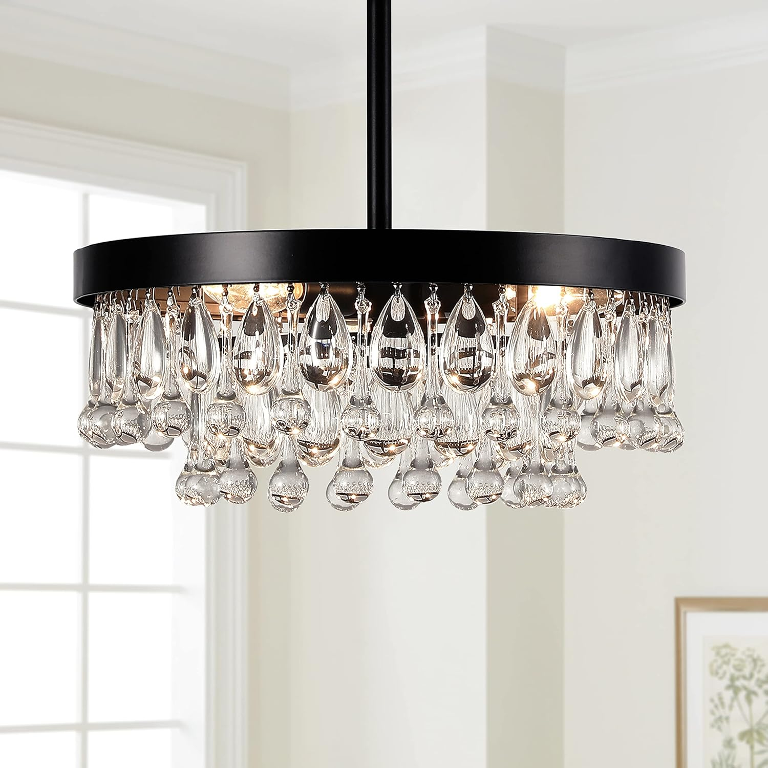 SEOL-Light Vintage Black Crystal Drops Close to Ceiling Light Fixture Round Tiered Chandeliers Large Flush Mount for Bedroom,Kitchen,Hallway,Dimmable,3 Light,120W,E12,15 Dia*6" H;