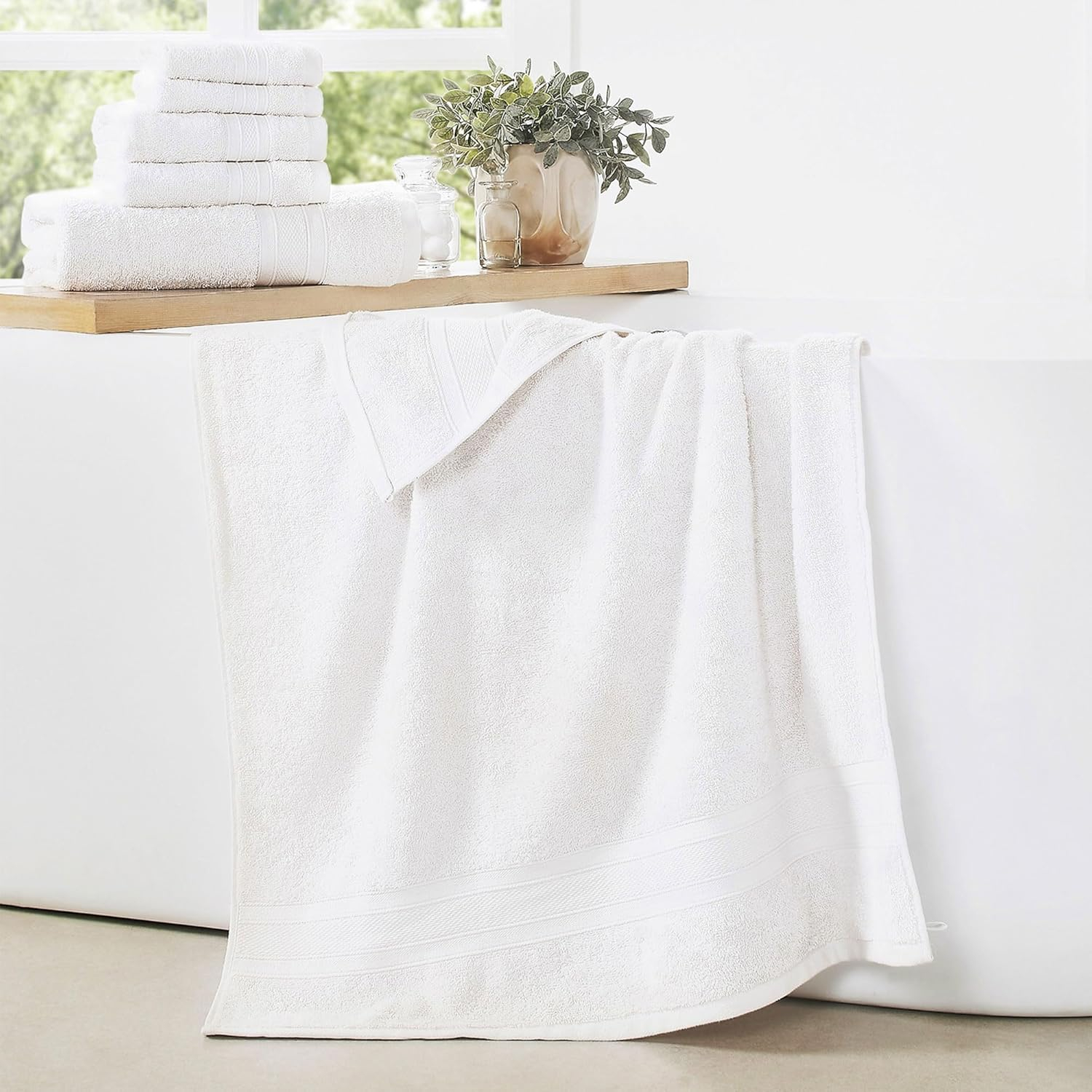 Everyday Home by Trident 6 Pc Bath Towel Set, 100% Cotton, Plush, Absorbent, Soft Comfort Bathroom Towels, White