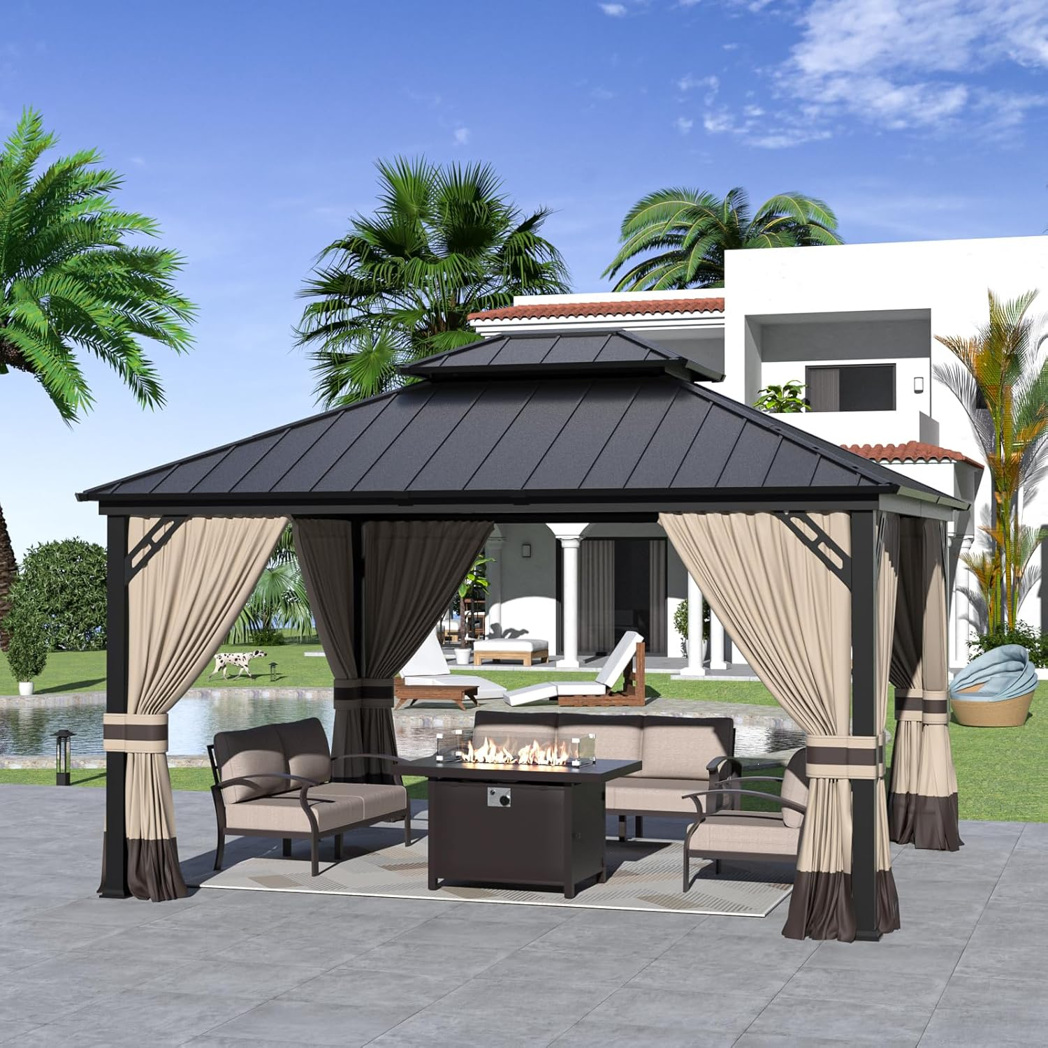 10 ft. x 12 ft. Brown Hardtop Wall Mounted Gazebo with Sloping Pitched Roof and Curtain Sand