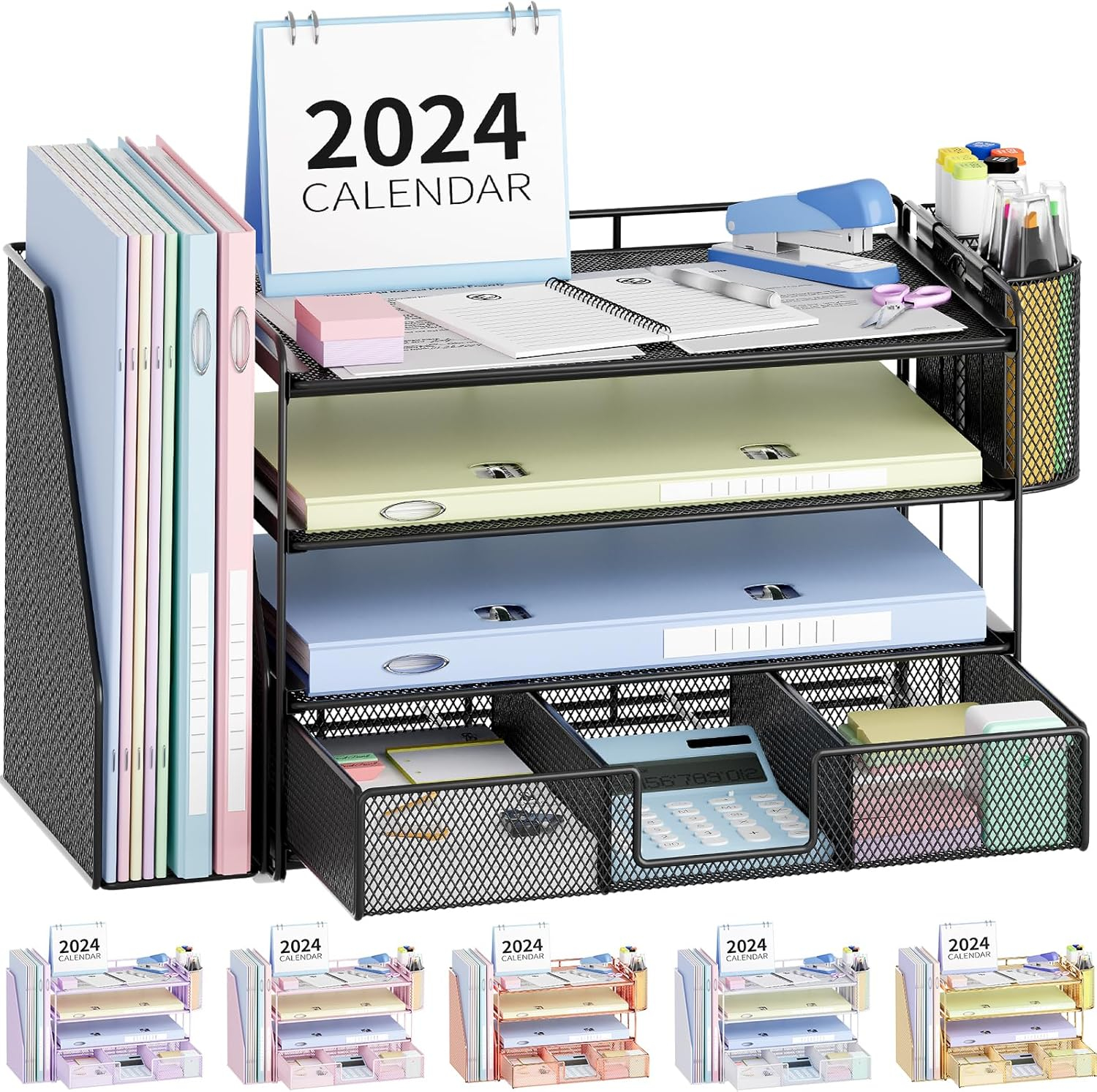 Desk Organizer and Accessories, 4-Tier Desktop File Organizer with Drawer and 2 Pen Holders, Office Desk Accessories for Office Supplies(Black)