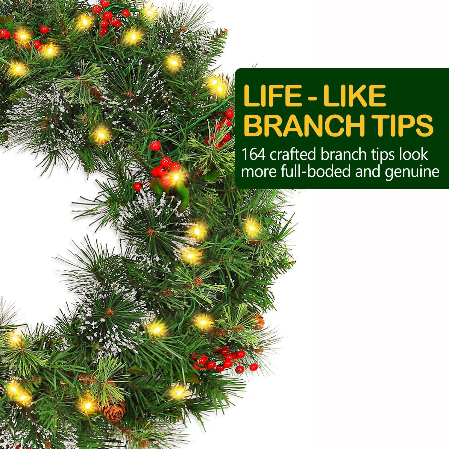 💐 Wreath door hanger 24" Pre-Lit Artificial Christmas Wreaths for Front Door Decorated with Pine Cones, Red Berries, Frosted Branches, 50 LED Lights for Indoor Outdoor Christmas Decorations