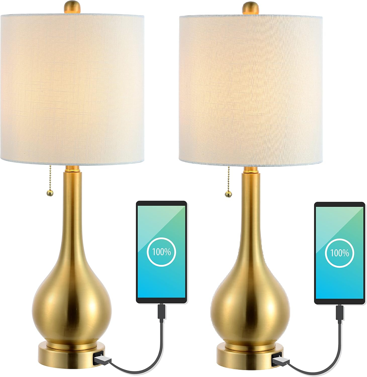 JONATHAN Y JYL1127C-SET2 Tyler 24" Modern Classic Gourd Iron LED Table Lamp with Pull-Chain with Dual USB Charging Port, for living room, dinning room Bulb Included, Brass Gold (Set of 2)