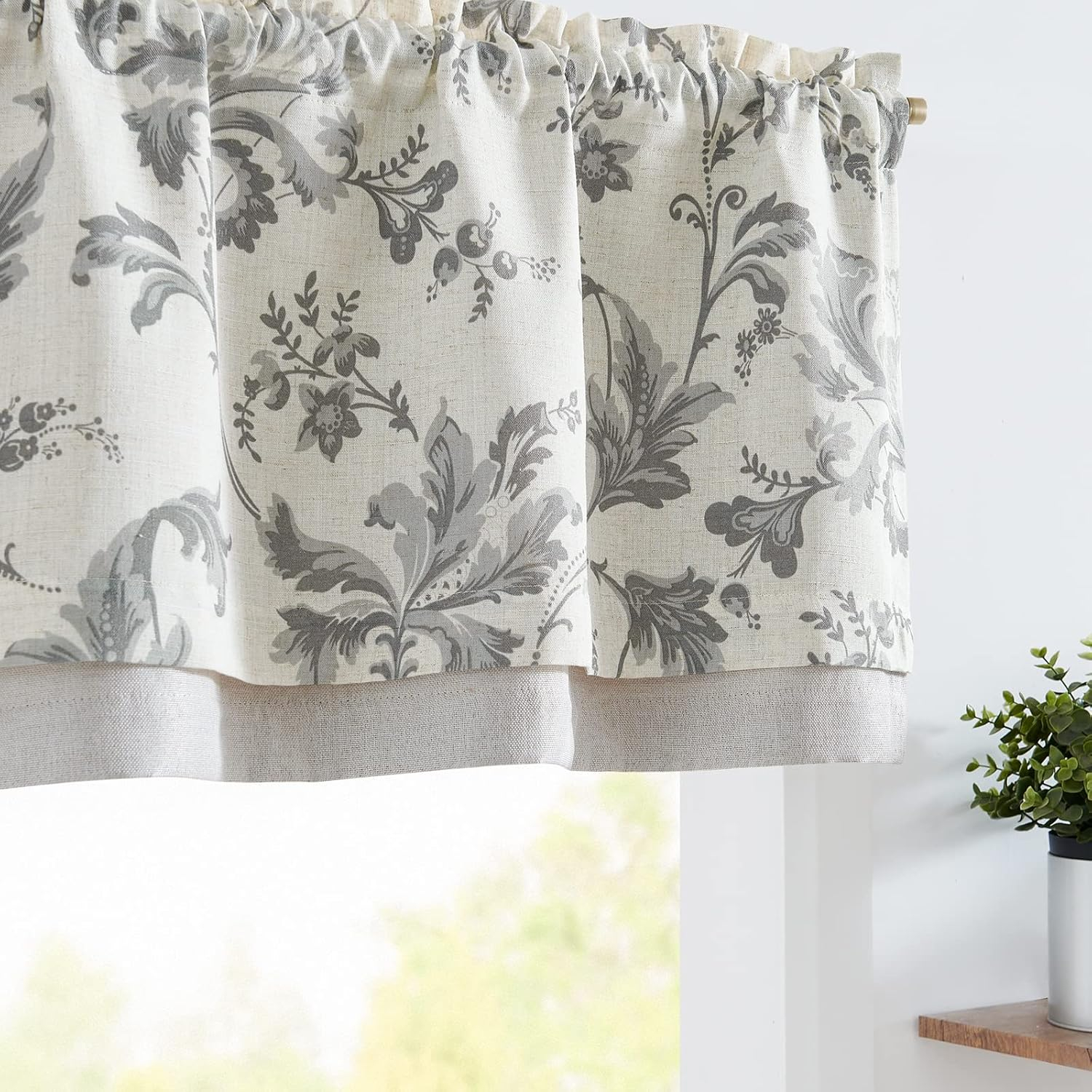 jinchan Linen Valance Curtain Farmhouse Window Decor Gray Floral Print for Kitchen Living Room Double Layer Blackout Valance 16 Inches Rustic Window Treatment 1 Panel Rod Pocket Grey on Beige
