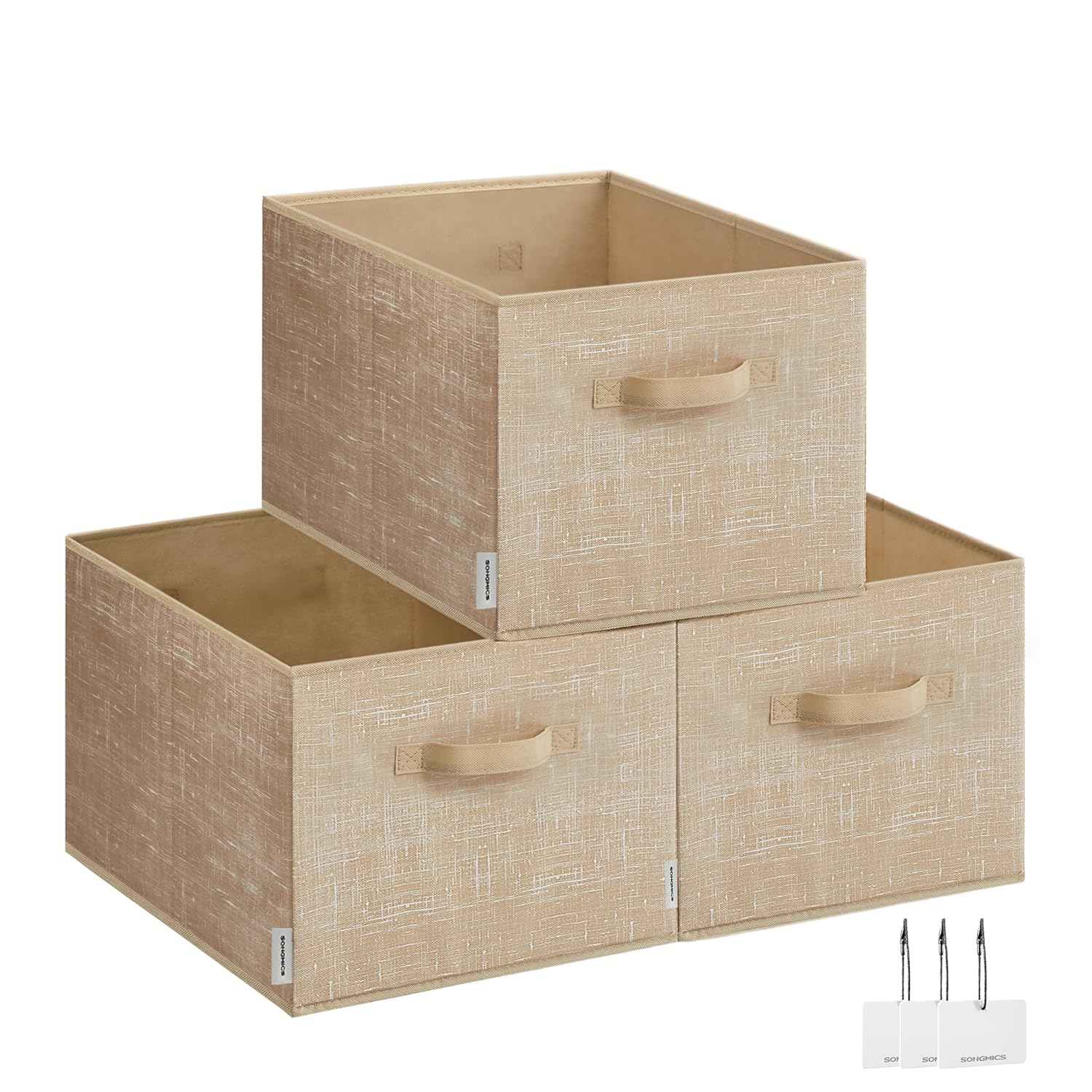 SONGMICS Storage Baskets, Set of 3 Fabric Storage Bins, 15.7 x 11.8 x 9.5 Inches, Foldable Closet Organizer for Shelves, 2 Handles, Label Holders, for Bedroom, Living Room, Sand Beige UROB440K01