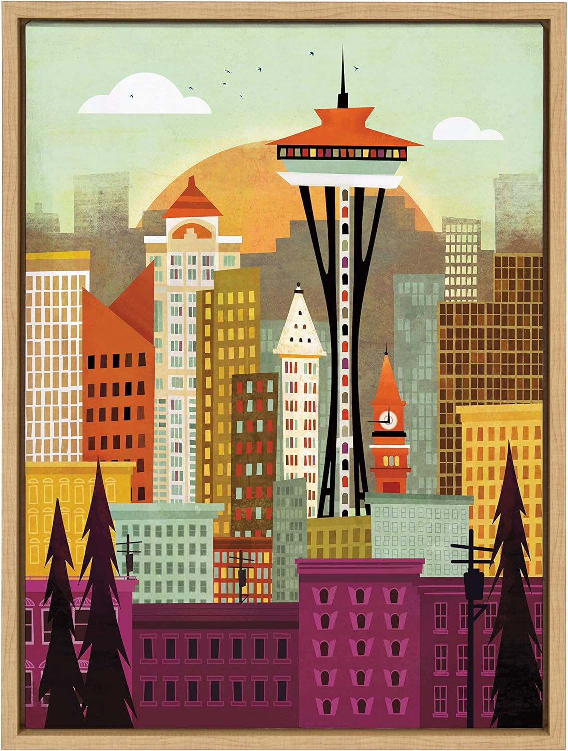 Kate and Laurel Sylvie Seattle Skyline Framed Canvas Wall Art by Amber Leaders Designs, 18x24 Natural, Fun Illustrated City Skyline Art for Wall
