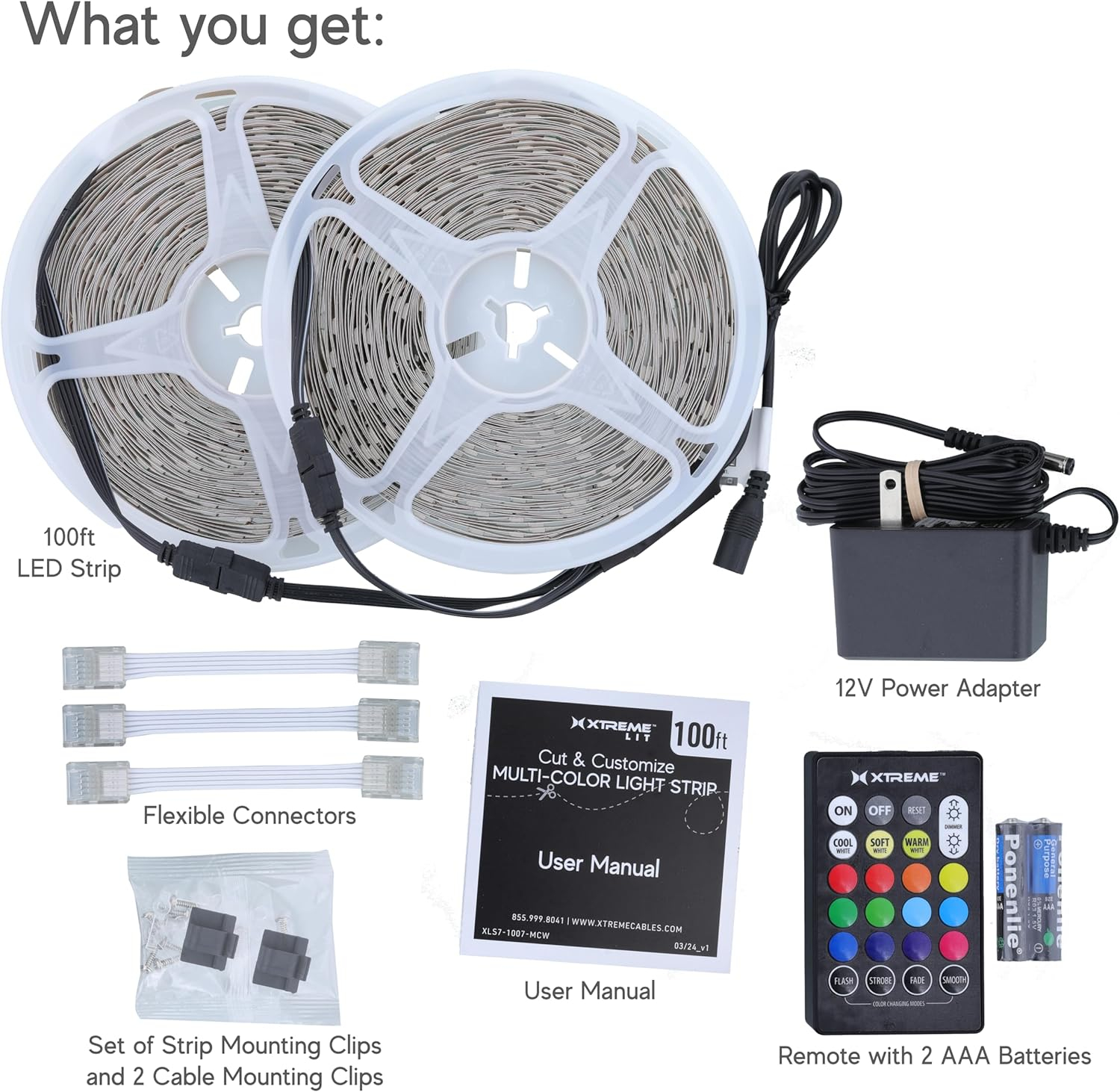 Xtreme Lit 100ft Cut & Customize Indoor LED Light Strip Kit, Includes 3 Connectors, 900 LEDs, 4 Modes, Remote & 24V Adapter.