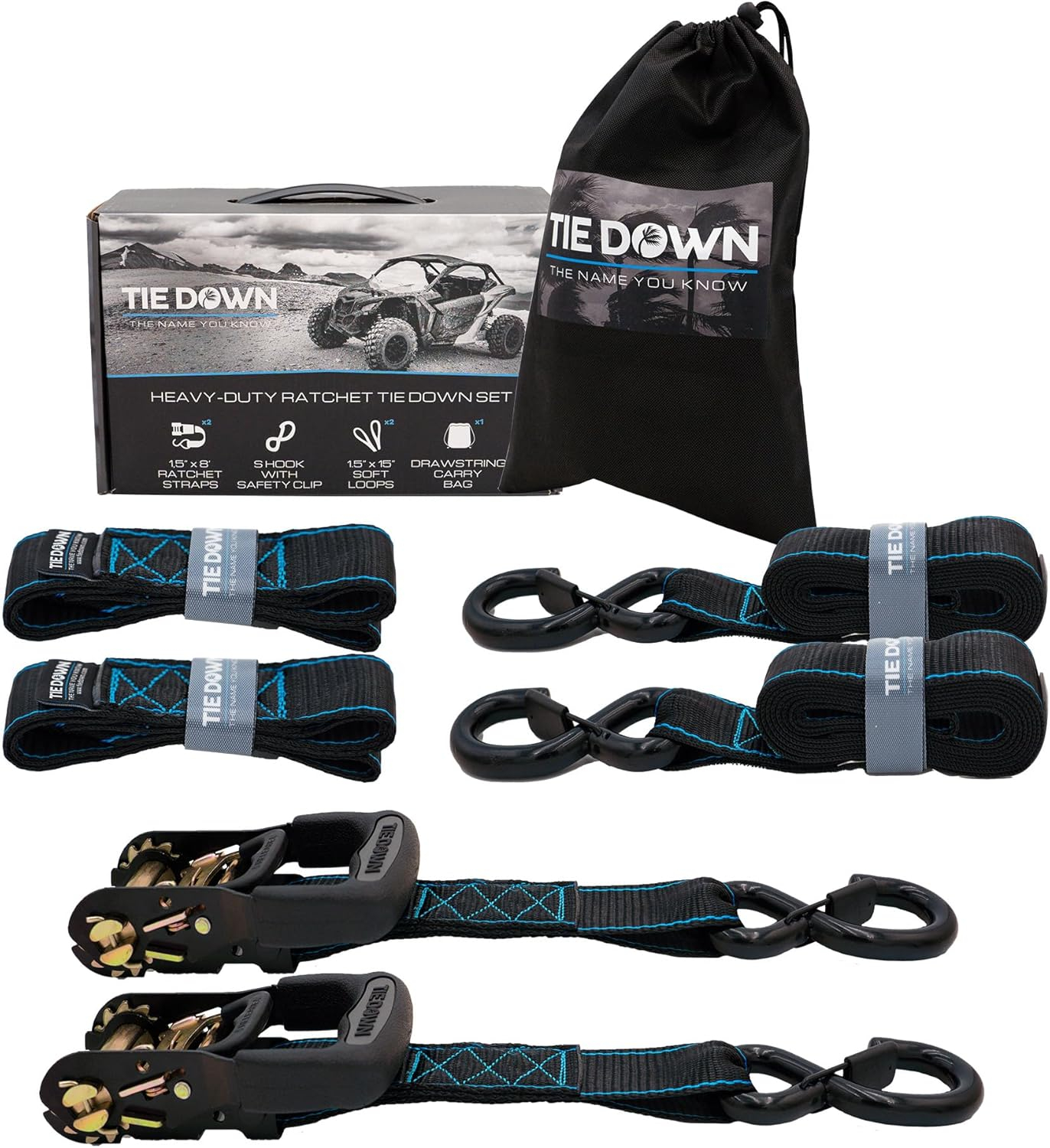 Tie Down 1.5 inch x 8 ft Black Heavy Duty Ratchet Strap, 2-Pack Kit - 5208 lbs. Breaking Load Limit
