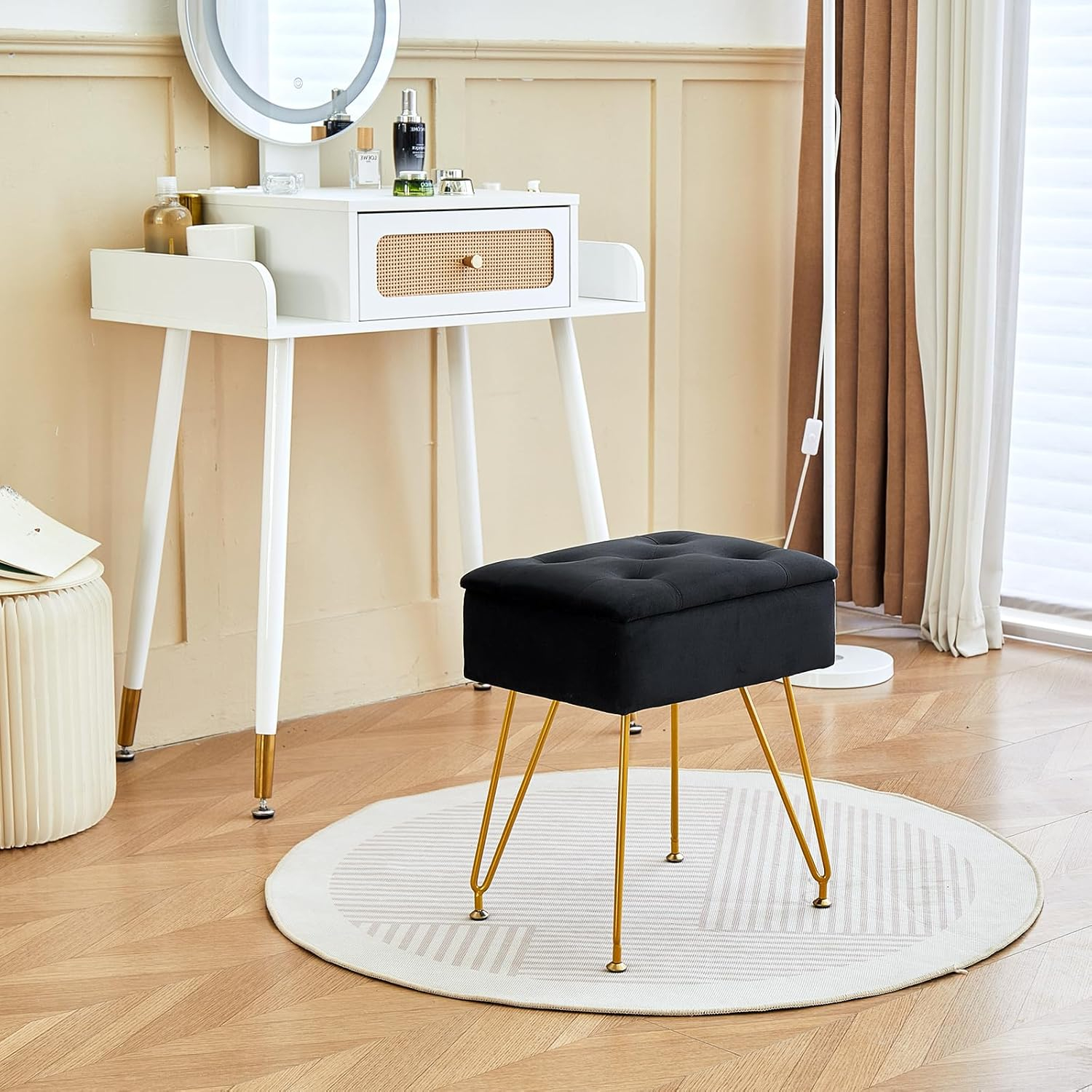 Vanity Stool Chair with Storage, Square Velvet Makeup Vanity Chair with Metal Legs & Adjustable Gold Feet, Flip Top Ottoman Foot Rest with Soft Padded Seat for Bedroom Living Room, Black
