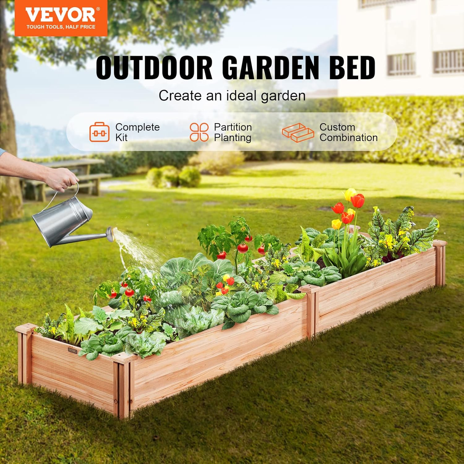 VEVOR Outdoor Wooden Raised Garden Bed Planter, 96 x 24 x 10in, High End Natural Fir Wood No-Bolt Assembly, Elevated Planting Box for Vegetable/Herb in Backyard/Patio