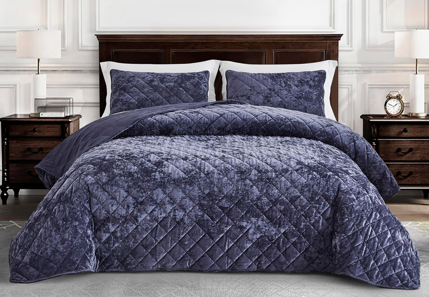 Fredsure Distressed Velvet Quilt Set, 3 Pieces Purple Queen, Distressed Velvet Face and Brushed Microfiber Reverse with Diamond Quilting