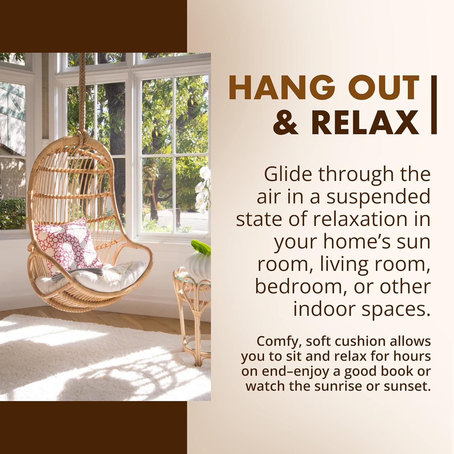 KOUBOO Hanging Rattan Swing Chair with Seat Cushion, Handwoven Natural Rattan Chair, Coastal Home Decor Furniture for Bedroom, Living Room, & Sun Room, Natural