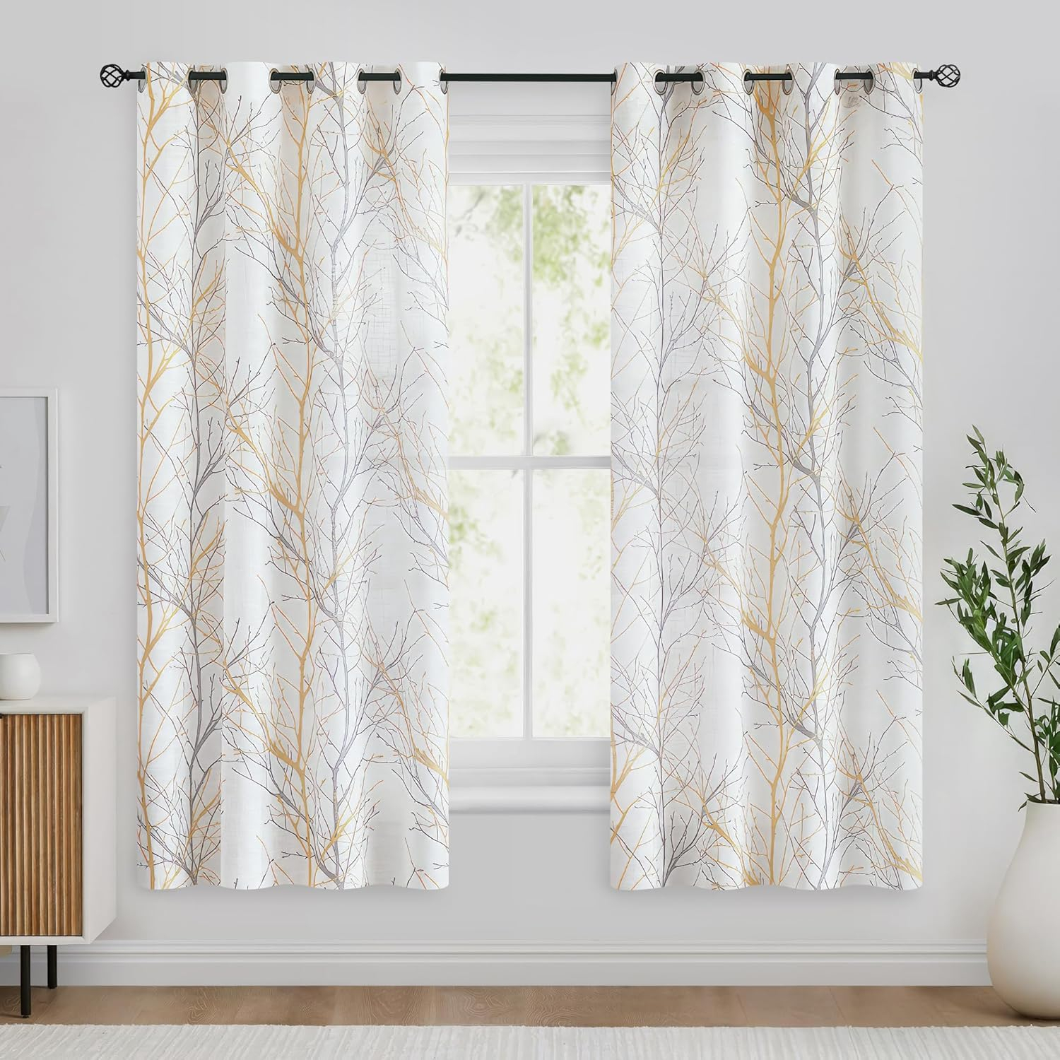 FMFUNCTEX Linen Semi Sheer Curtains for Bedroom, Yellow White Curtains 63 Inches Long for Living Room, Grey Tree Branch Print Curtain Light Filtering Farmhouse Window Drapes, Grommet Top 2 Panels