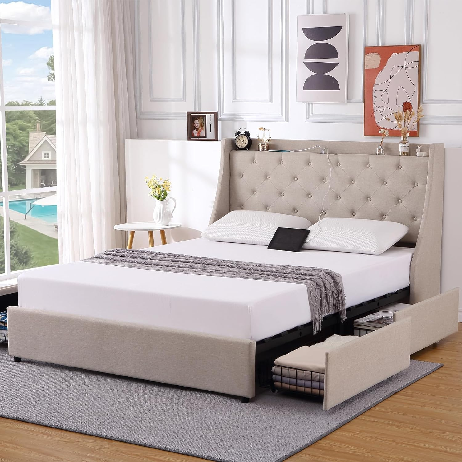 Huloretions Queen Bed Frame With Charging Station,Platform Bed With 4 Storage Drawers,Upholstered Wingback Headboard And Storage Shelf,No Box Spring Needed Easy Assembly