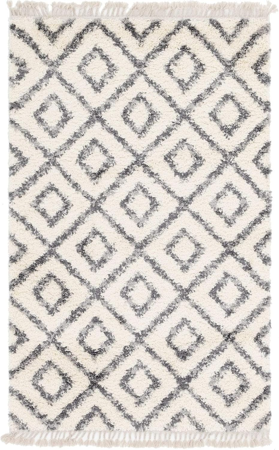 Unique Loom Hygge Shag Collection Area Rug - Diamond (5' 1" x 8' Rectangle, Ivory/ Gray)