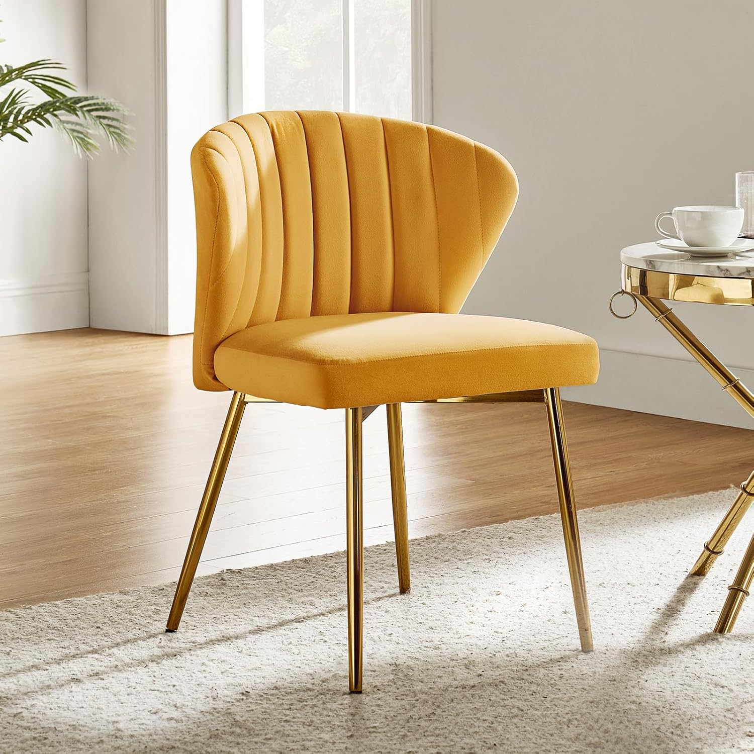 HULALA HOME Velvet Dining Chairs, Modern Small Armless Accent Chair with Gold Metal Legs, Living Room Upholstered Cute Side Chair, Elegant Tufted Back Vanity Chair for Bedroom/Beauty Room-Mustard