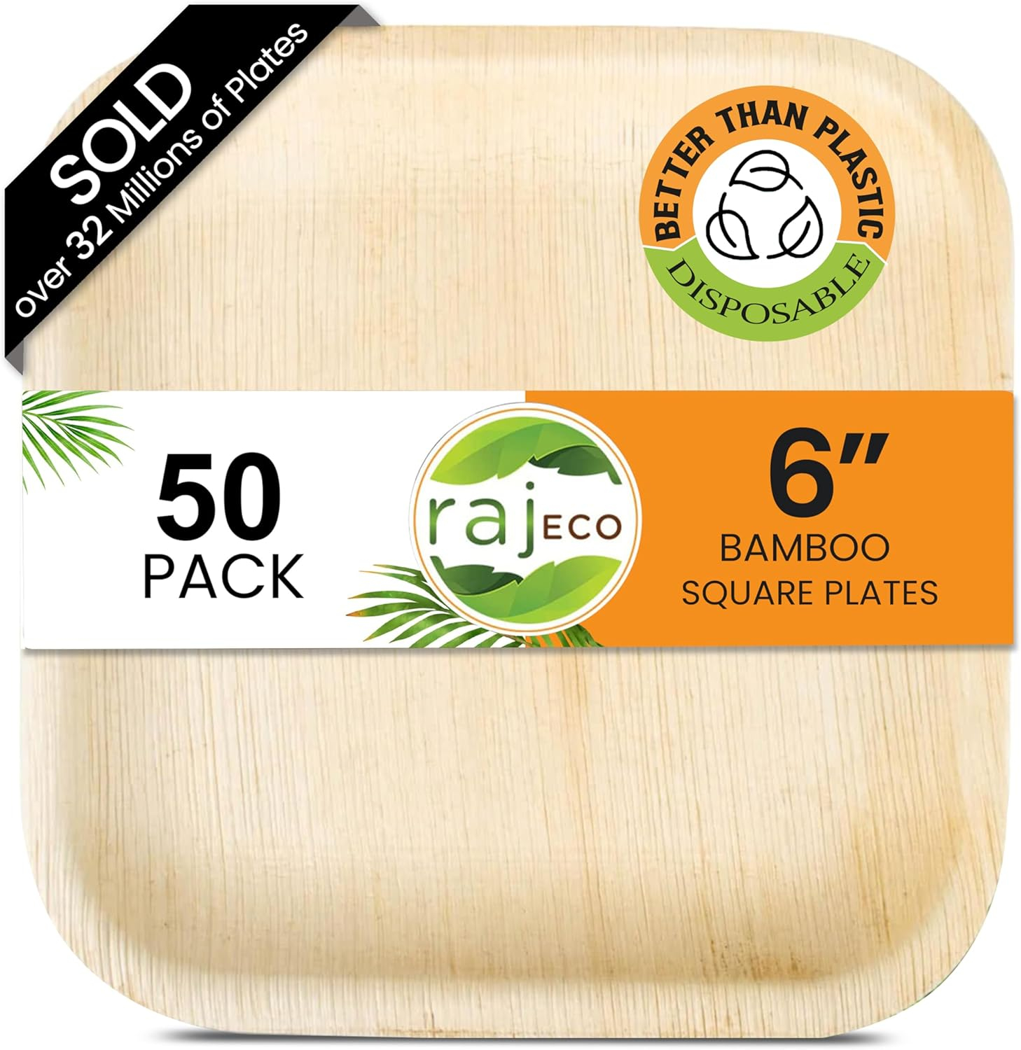 Raj Eco Compostable Palm Leaf Plates Like Bamboo Plates Disposable - 6 Inch Square 50 Party Plate, Natural Wooden, Eco-Friendly, Fancy Biodegradable & Disposable Dessert Appetizer Plate