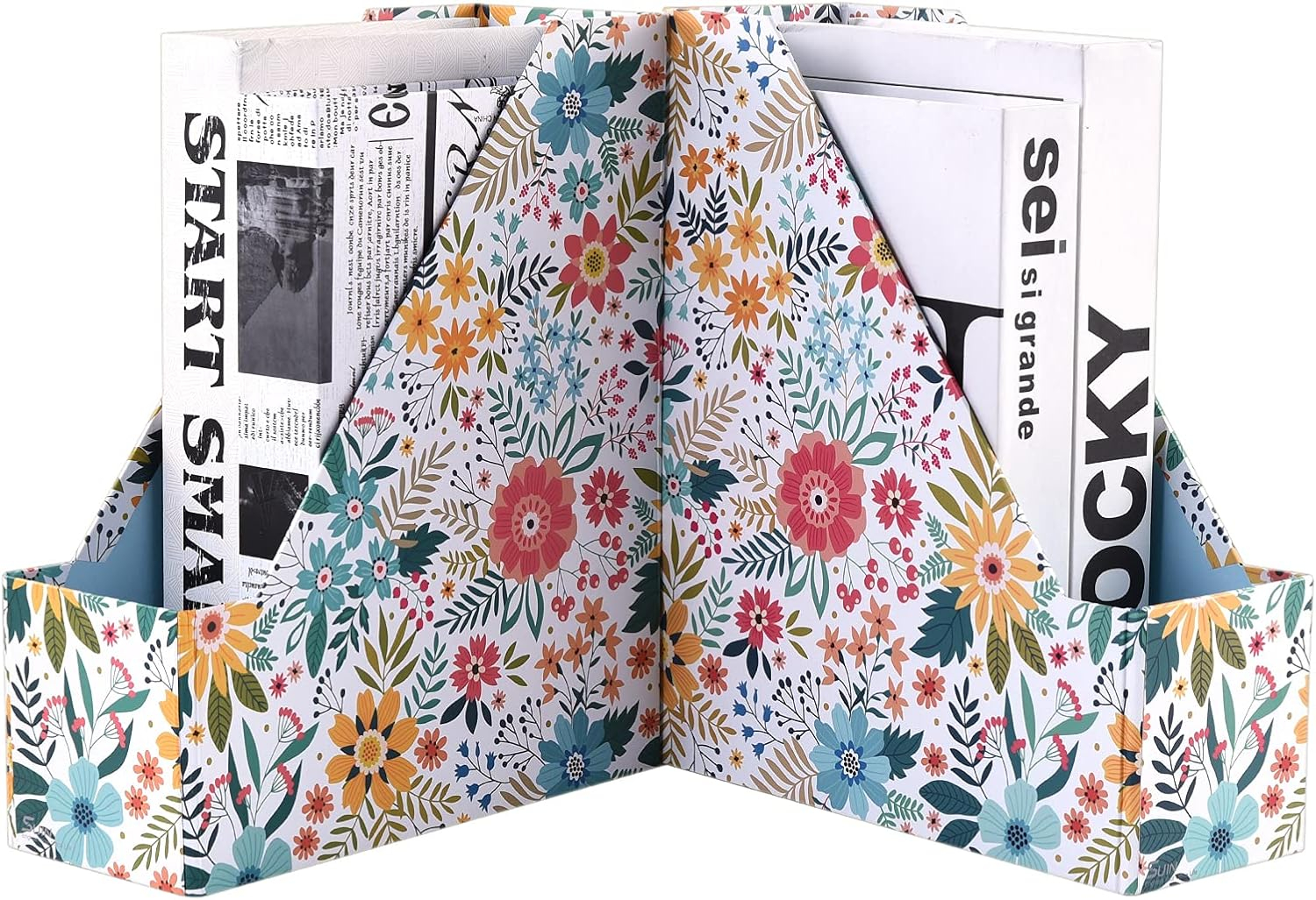 SUIN 2 Packs Foldable Magazine-File Holder, Seamless Floral Design File-Boxes Desk Organizer for Office/Home/School, Cardboard